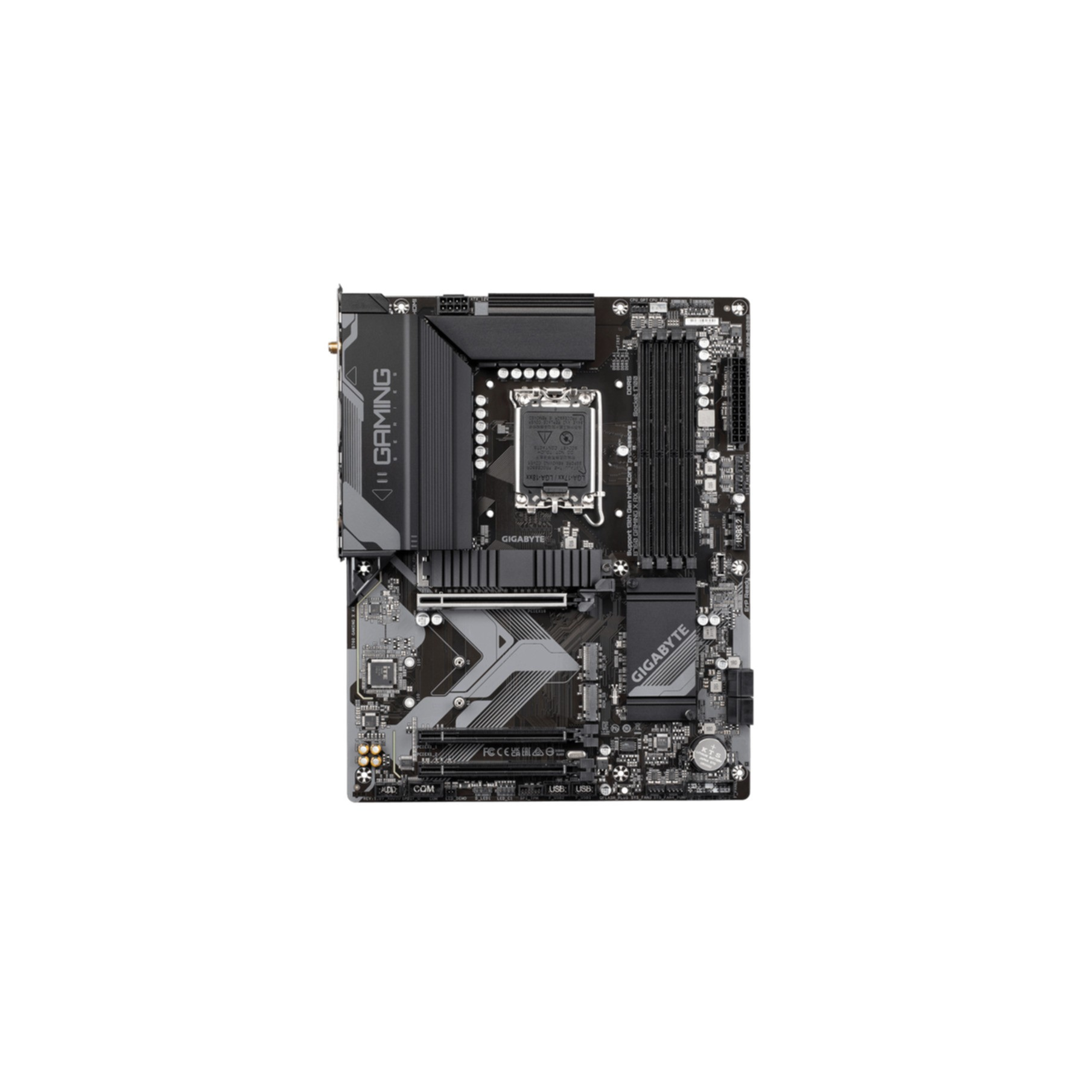 Schwarzes Motherboard auf Weiß. Komponenten und Anschlüsse sichtbar. Text "GAMING" sichtbar.