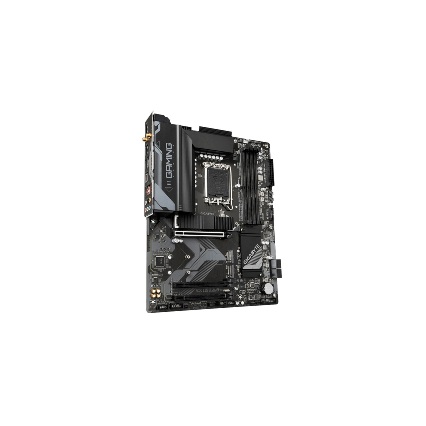 Schwarzes und graues Motherboard mit 'GIGABYTE' und 'AORUS' Branding.
