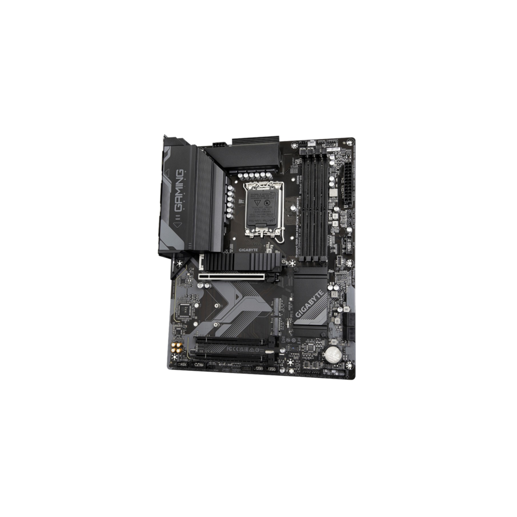 Ein schwarzes und graues Motherboard mit Komponenten. Das Wort 'GAMING' an der Seite.