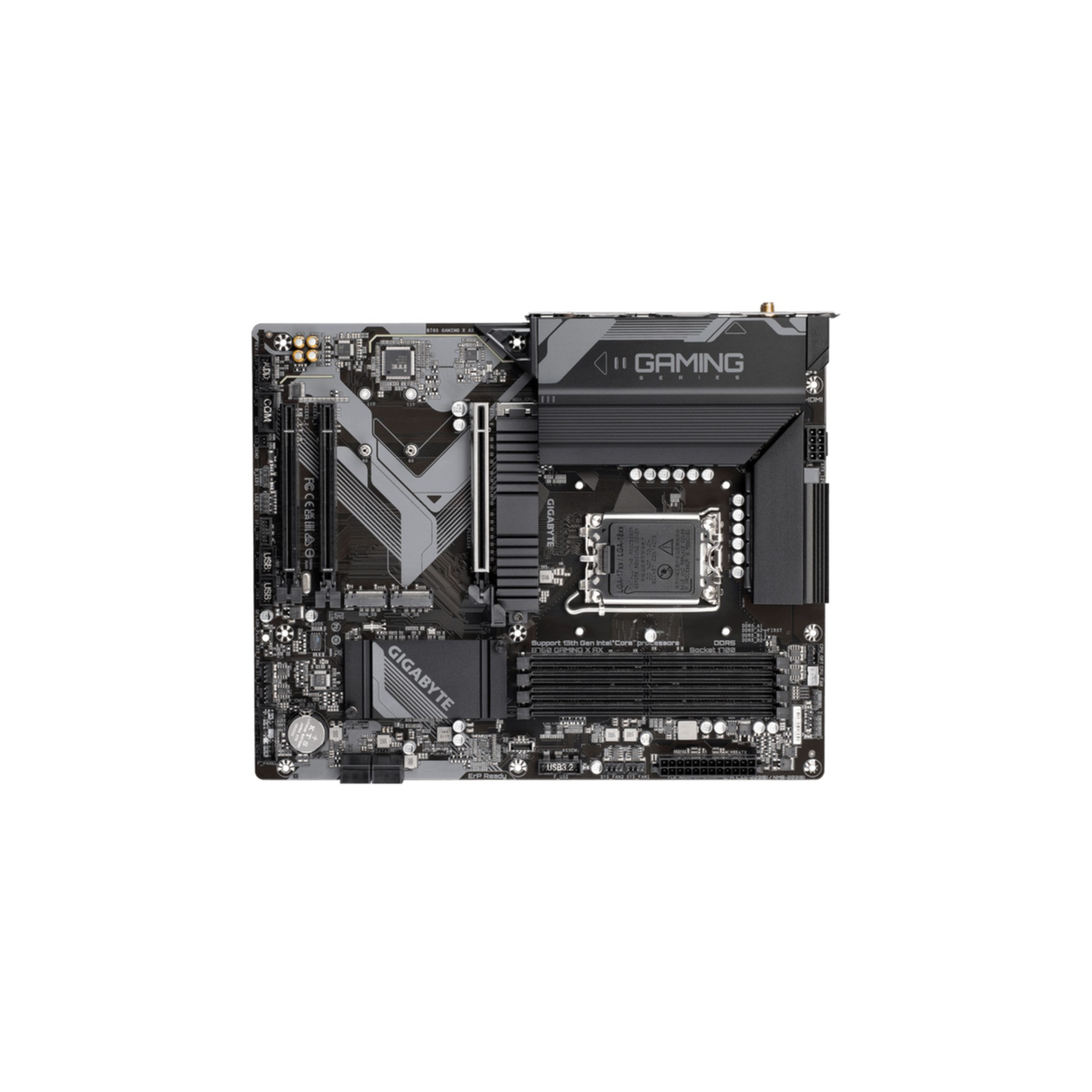 Computer-Motherboard, Schwarz-Grau-Farbschema, Komponenten sichtbar.