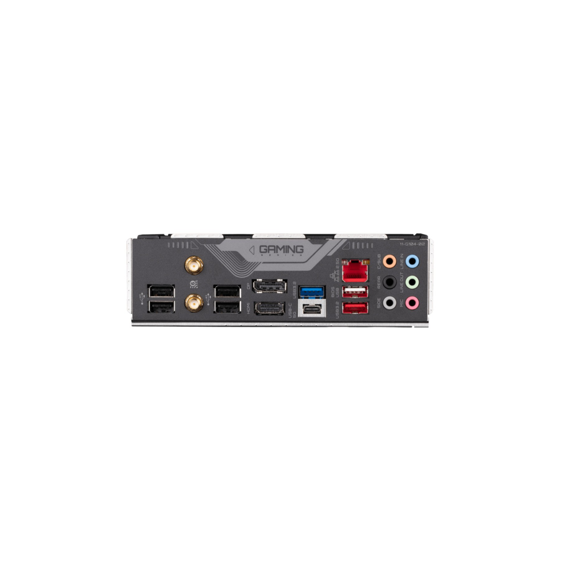 Rückseite eines schwarzen Motherboards mit verschiedenen Anschlüssen und dem Wort 'GAMING'.
