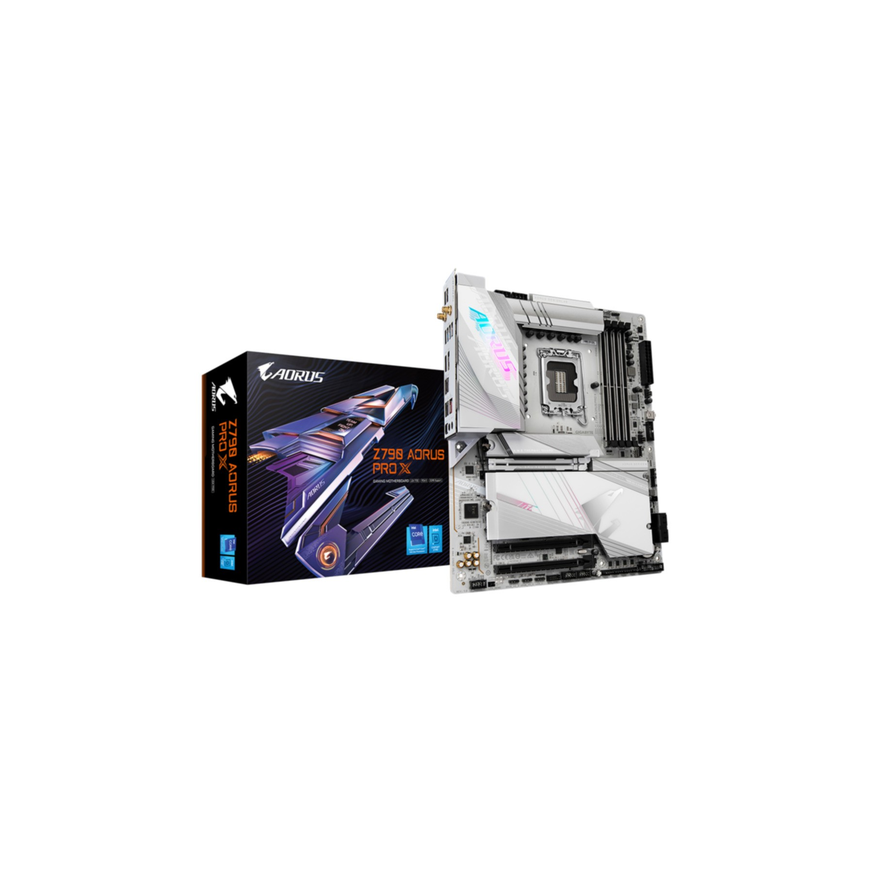 Una scheda madre Aorus Z790 AORUS PRO X bianca e una scatola. La scatola mostra una grafica.