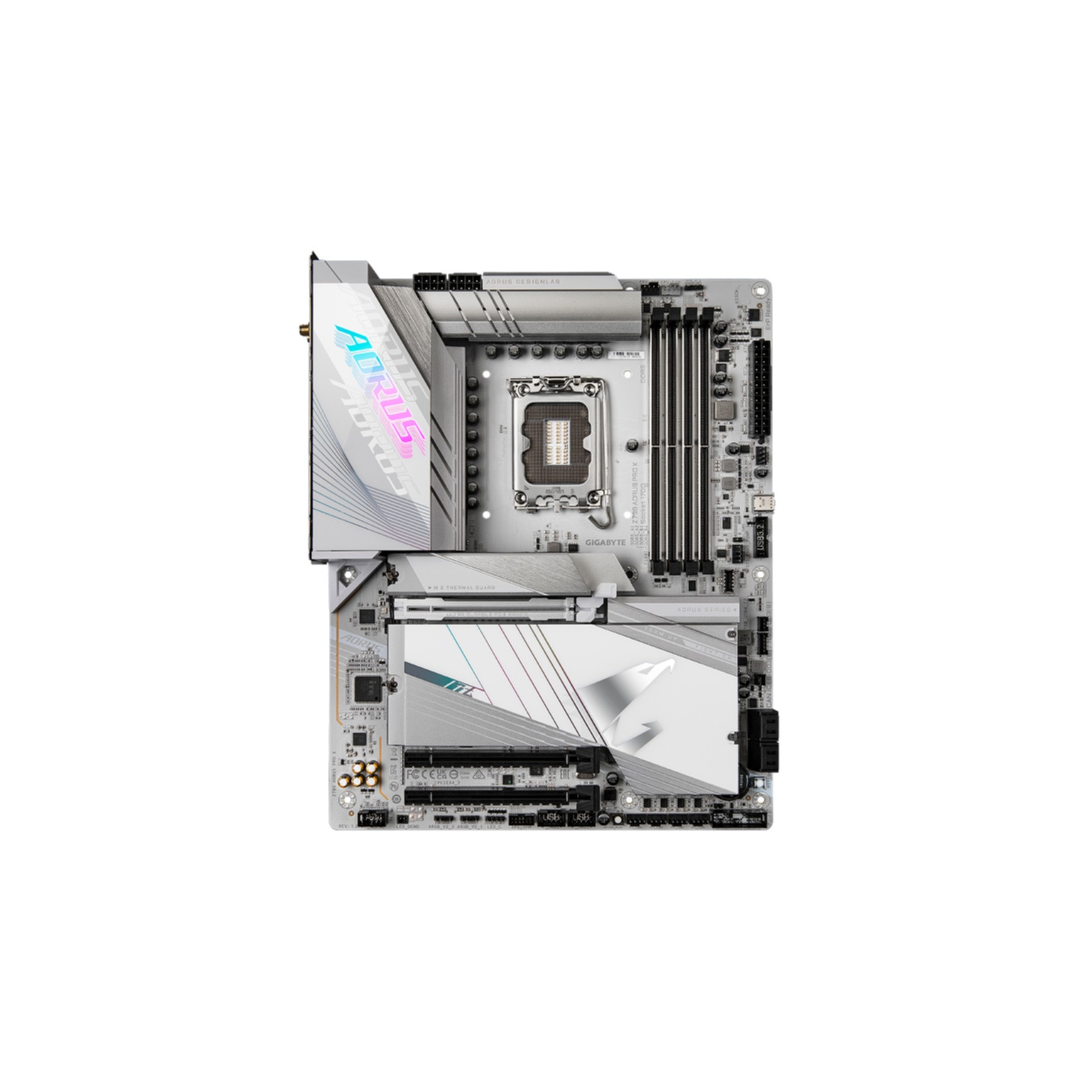 Una scheda madre Aorus bianca e argento su sfondo bianco, con vari componenti.