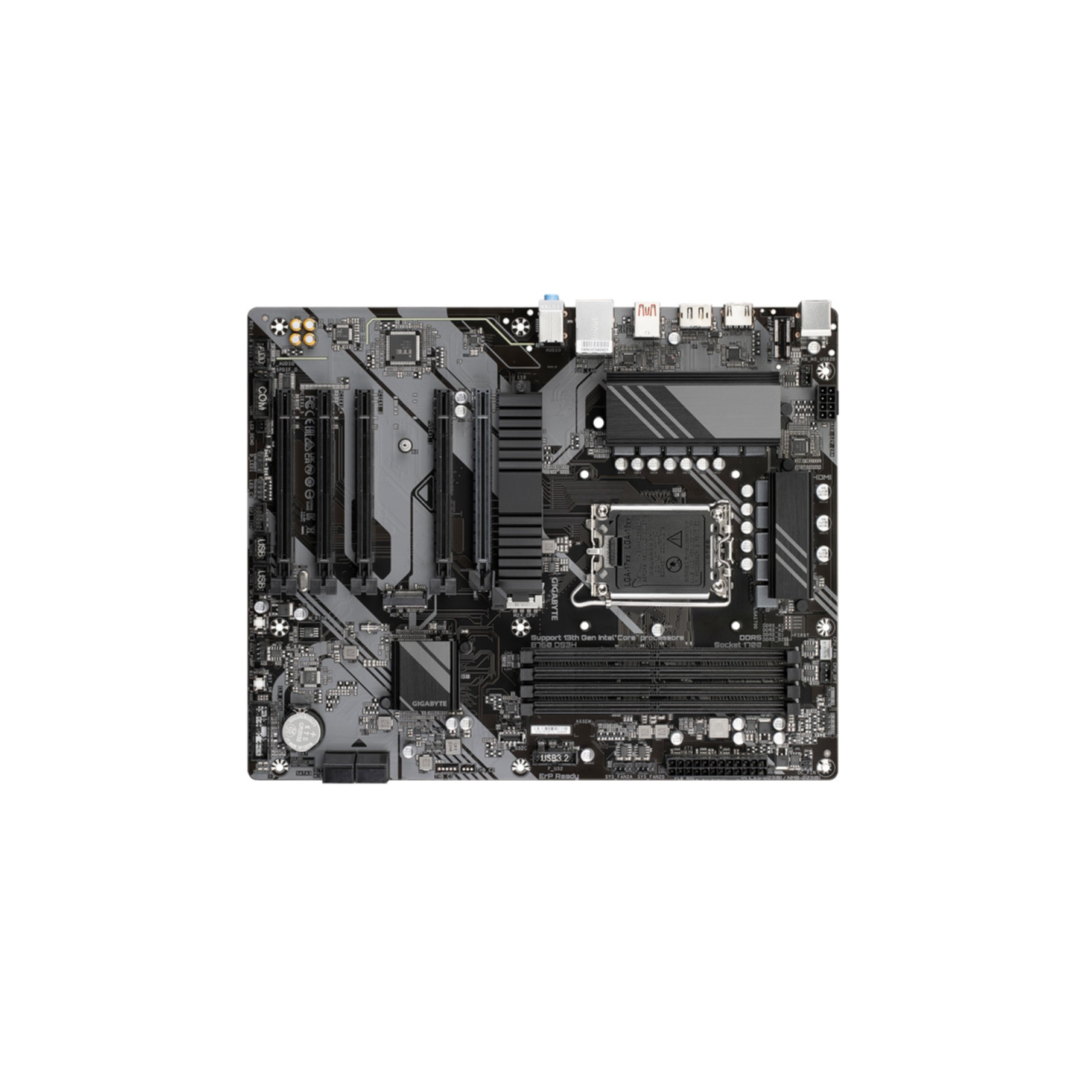 Una scheda madre grigia con più slot, connettori e componenti. Ha un socket CPU nero.