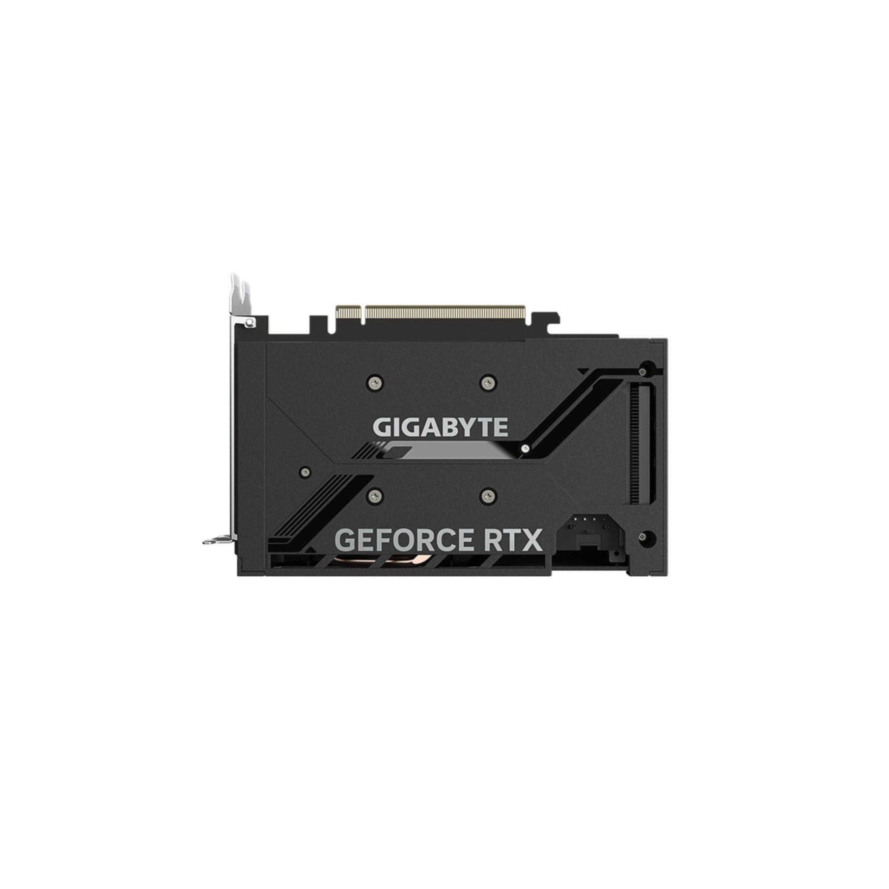 Scheda grafica GIGABYTE nera, vista angolata. La piastra posteriore mostra il marchio e il modello.