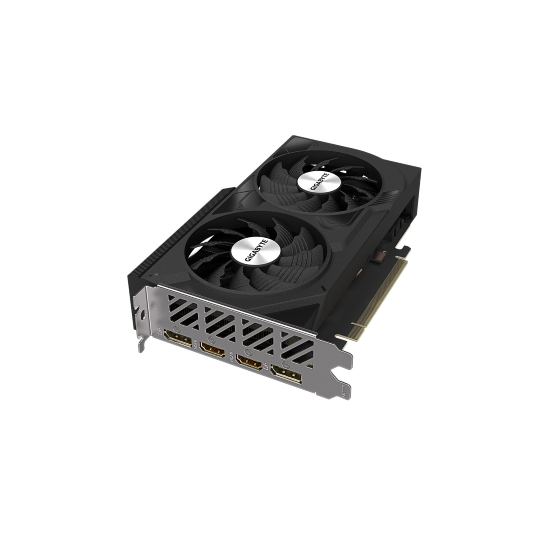 Scheda grafica Gigabyte nera e grigia, due ventole, su sfondo bianco, vista angolata.