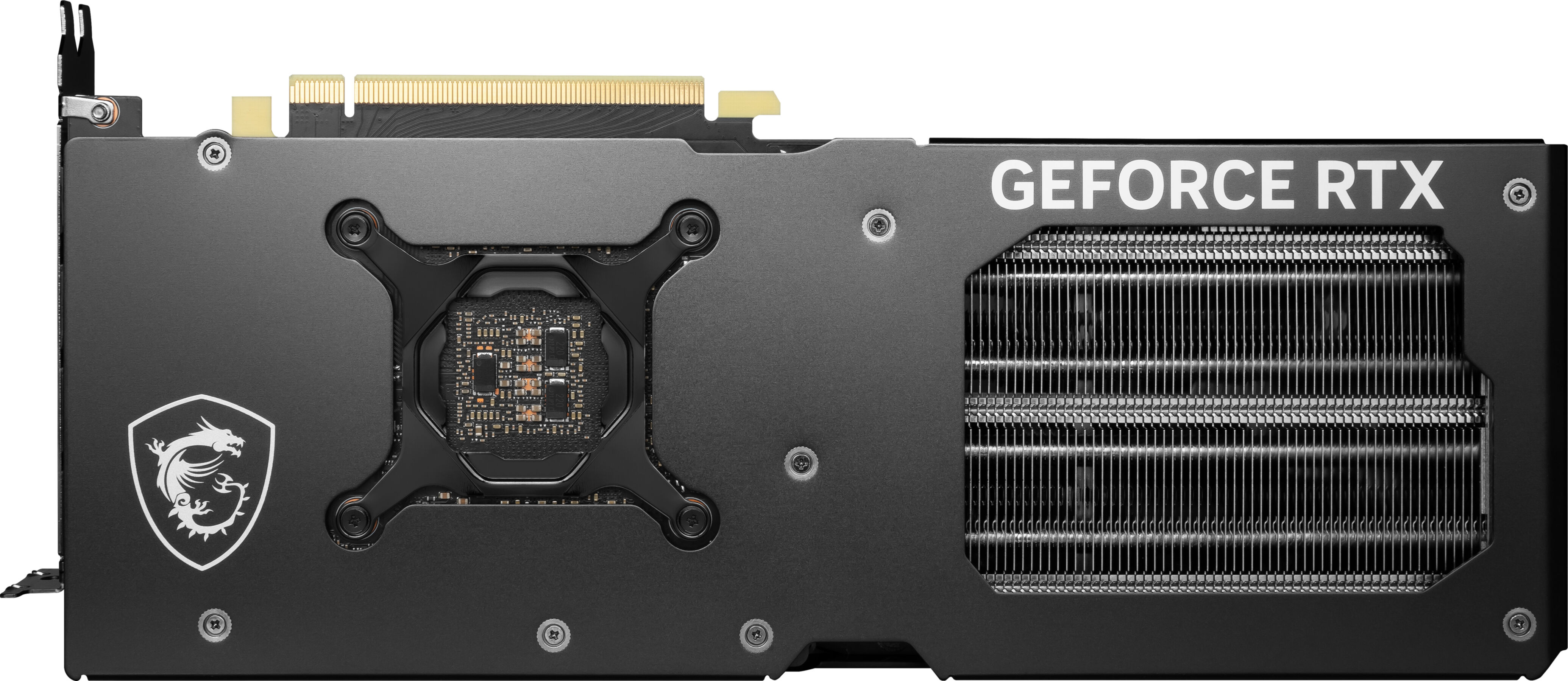 Scheda grafica nera e grigia. Ha un dissipatore di calore, la scritta "GEFORCE RTX" e il logo MSI con un drago.