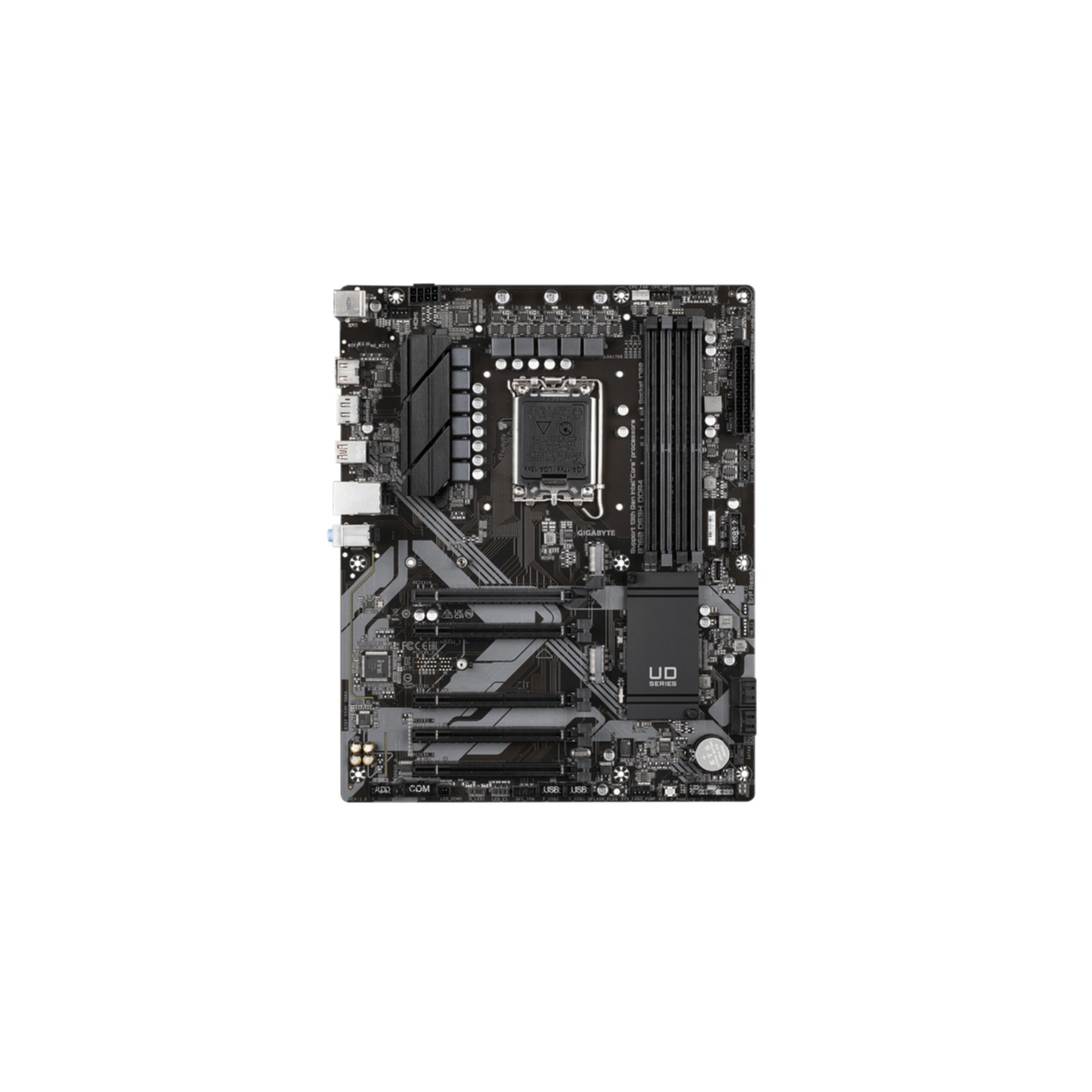 Schwarzes Motherboard mit Komponenten auf weißem Hintergrund. Mehrere Anschlüsse und Steckplätze sichtbar.