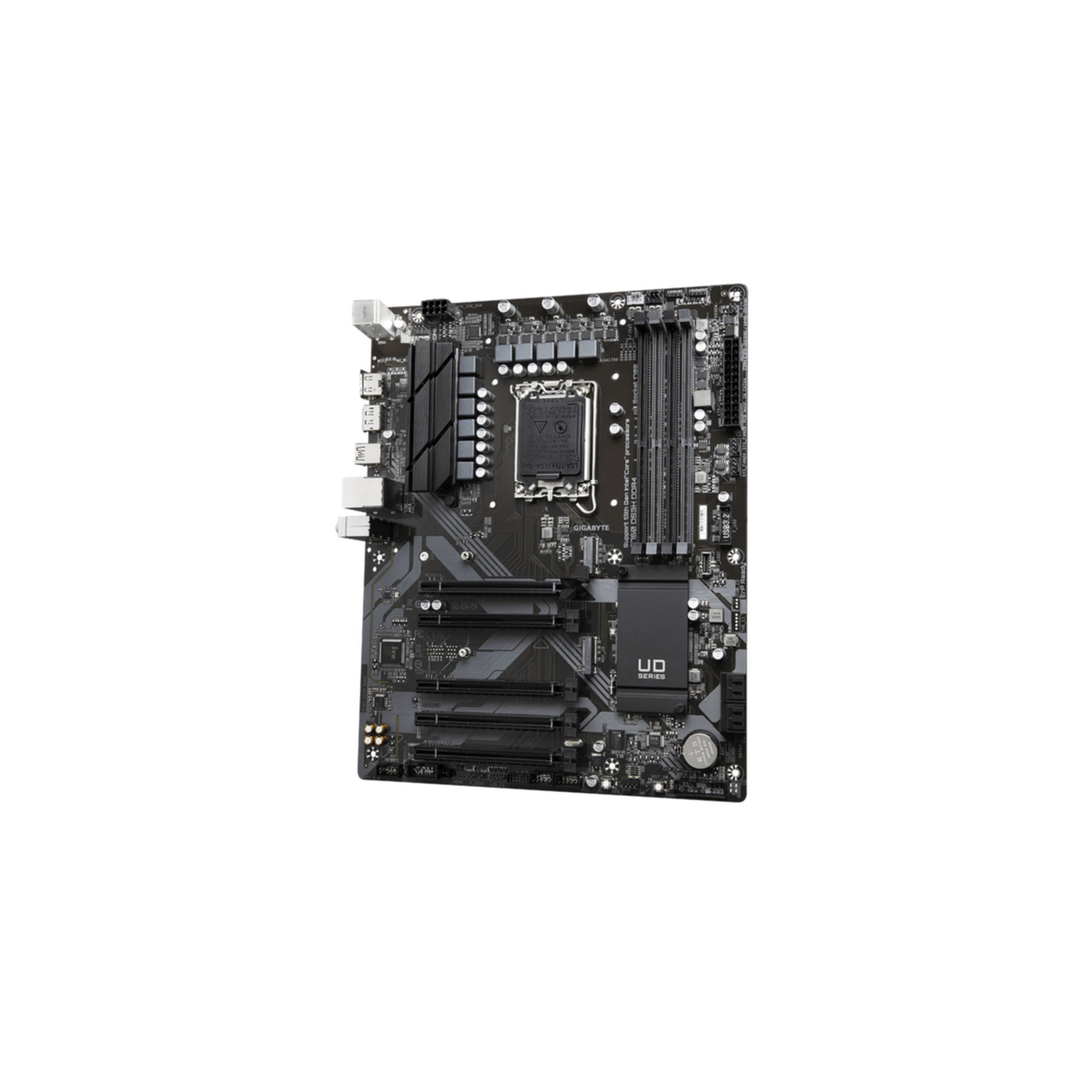 Computer-Motherboard auf weißem Hintergrund, schwarze und silberne Komponenten.