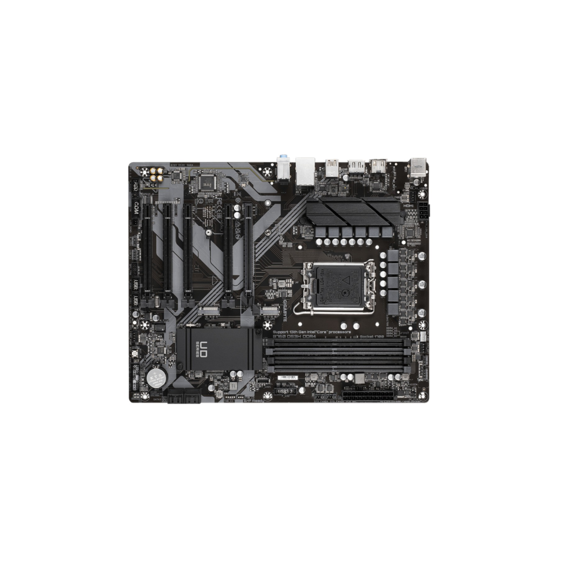 Schwarzes Computer-Motherboard, mit verschiedenen Komponenten und Steckplätzen, isoliert auf weißem Hintergrund.
