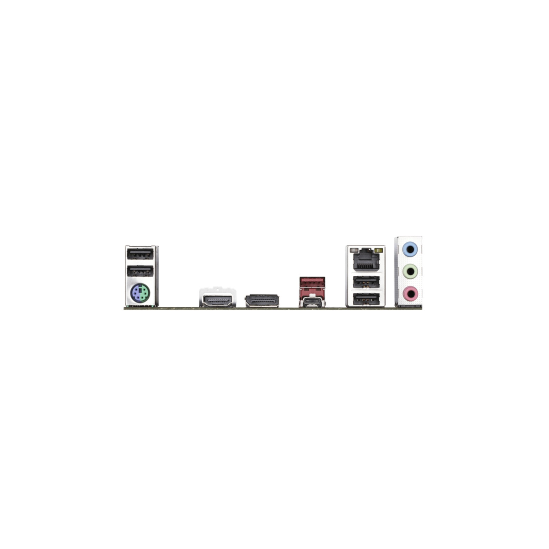 Rückseite eines Motherboards mit Anschlüssen und Steckern, für verschiedene Funktionen beschriftet.