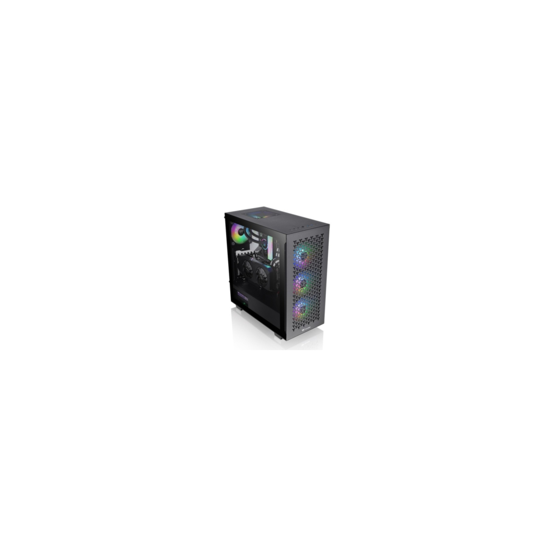 Schwarzes PC-Gehäuse mit RGB-Lüftern. Das Gehäuse befindet sich auf weißem Hintergrund.