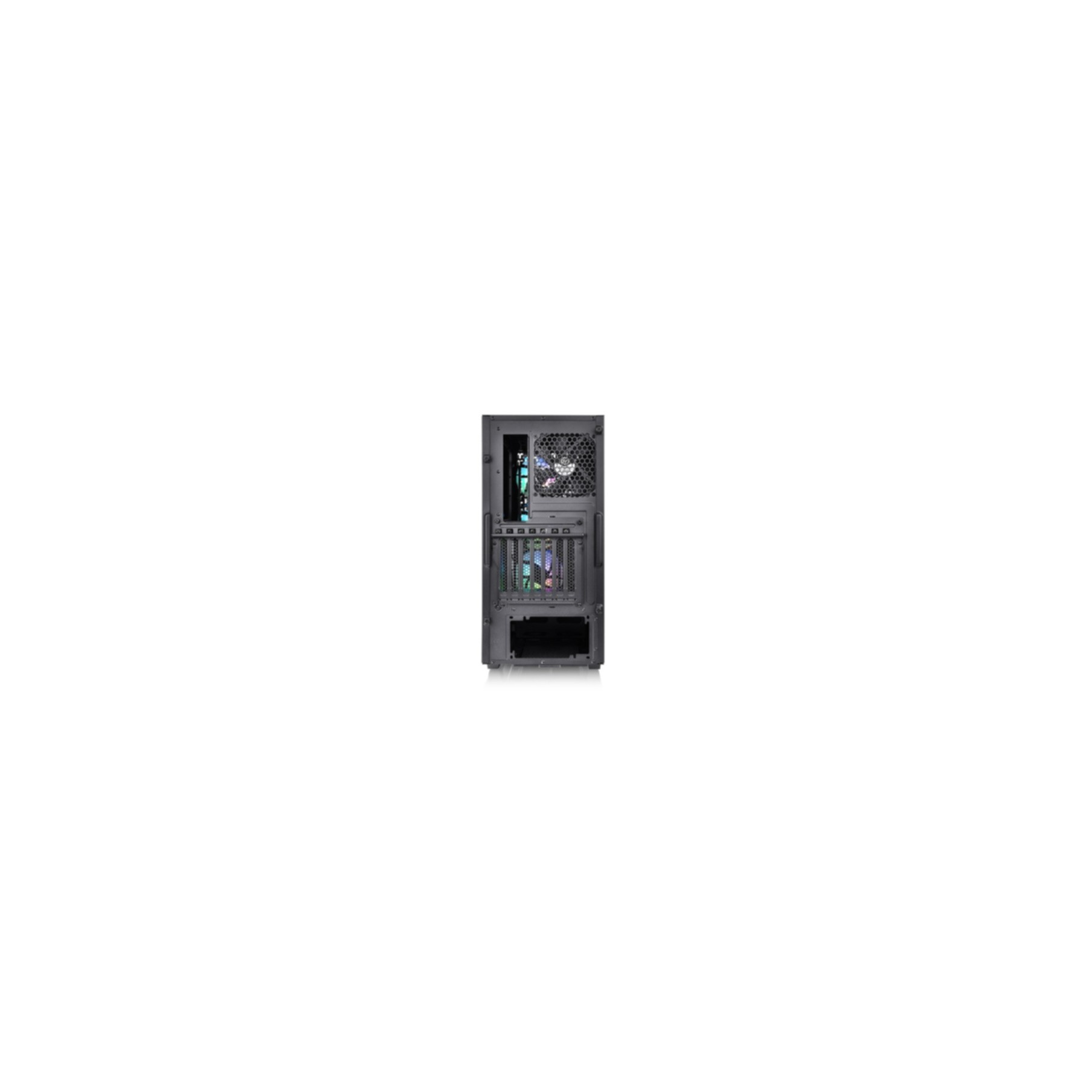 Computergehäuse, Rückansicht, schwarz mit sichtbaren Lüftern, verschiedene Anschlüsse, weißer Hintergrund.