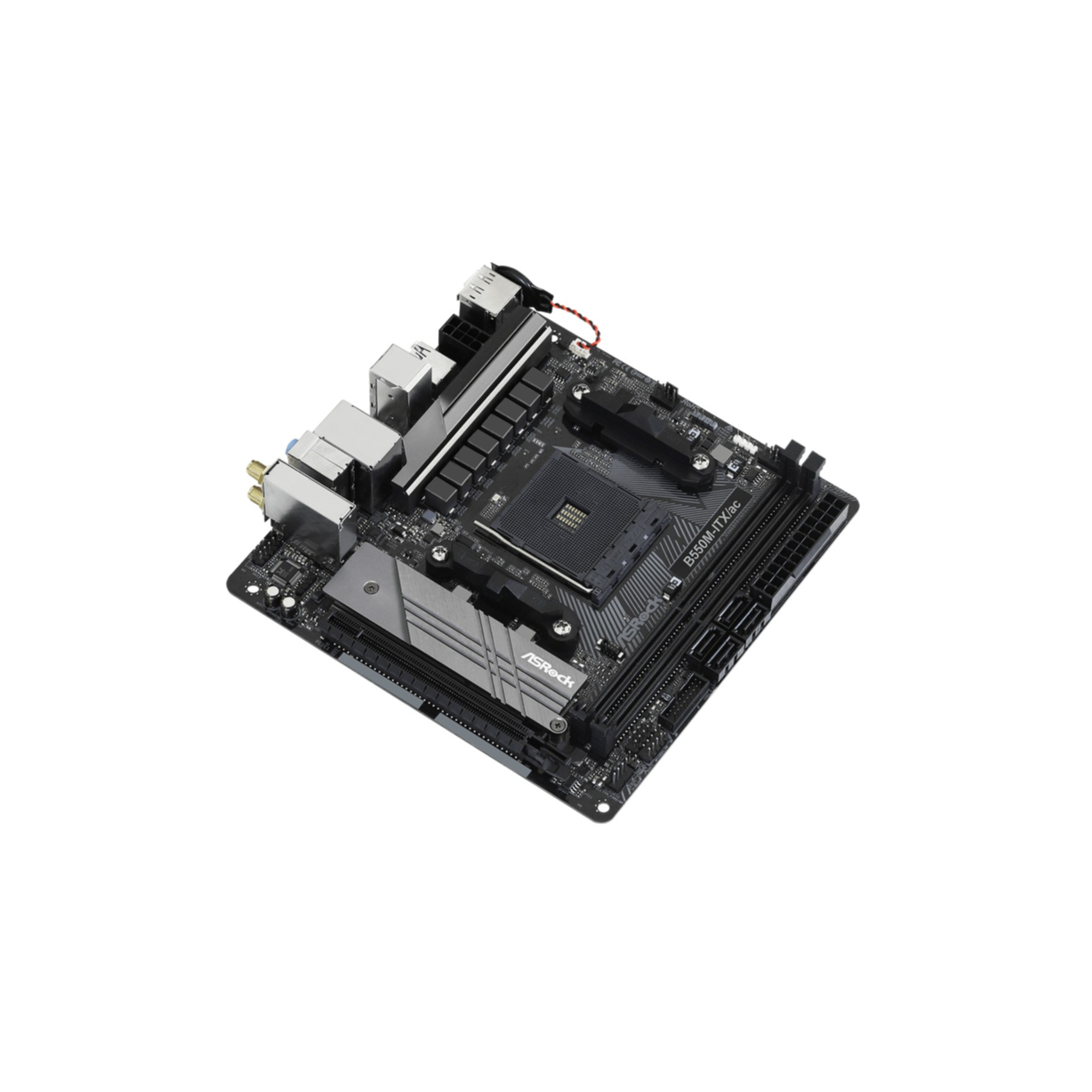 Czarna i szara płyta główna z komponentami na białym tle. Widoczne jest słowo ASRock.