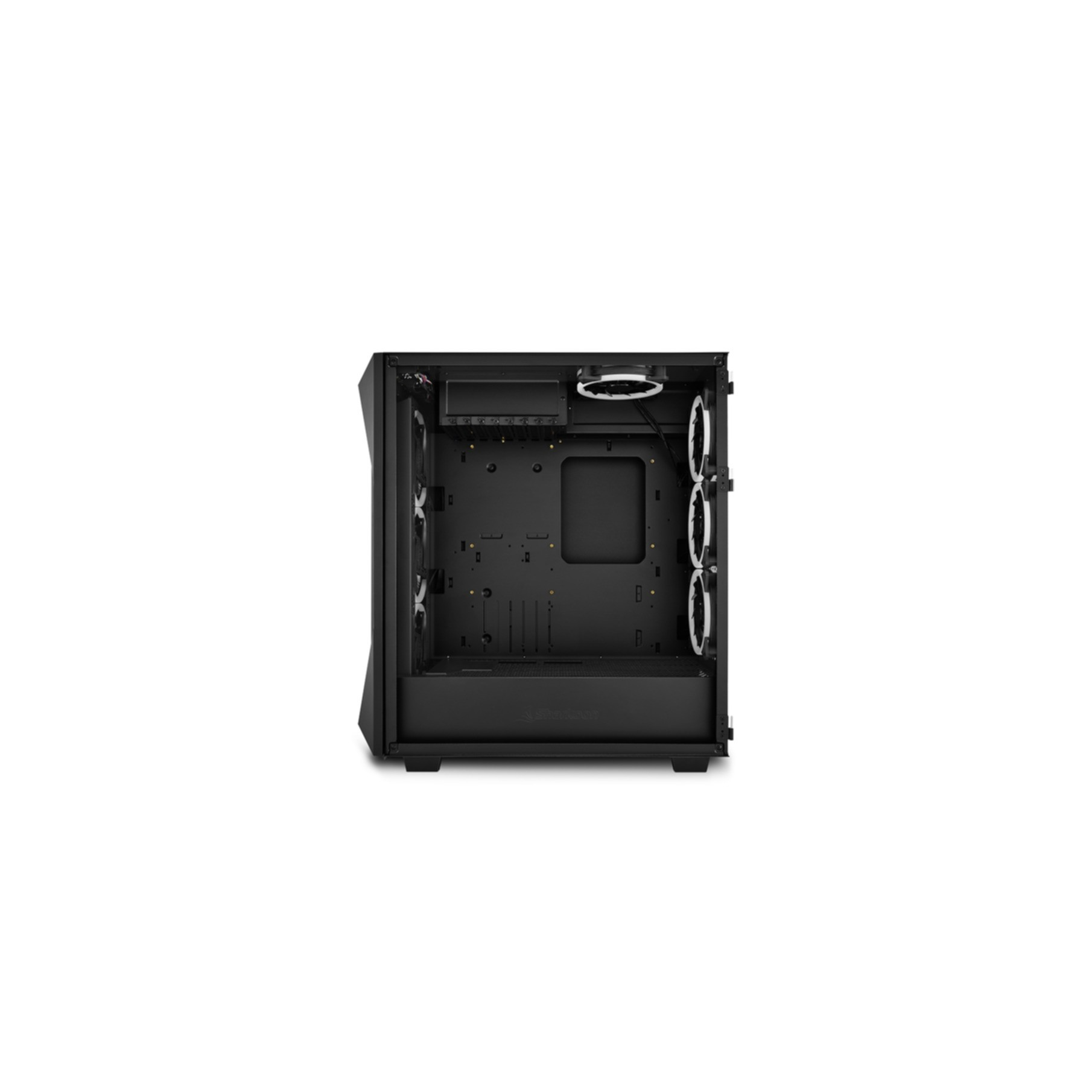 Ein leerer schwarzer Computer-Gehäuse, nach vorne gerichtet, auf weißem Hintergrund. Es hat Ventilatoren im Inneren.