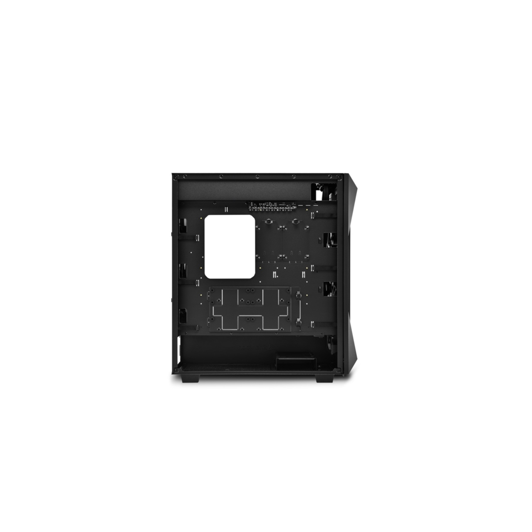 Schwarzes Computergehäuseinnere mit großem rechteckigen Ausschnitt auf weißem Hintergrund.