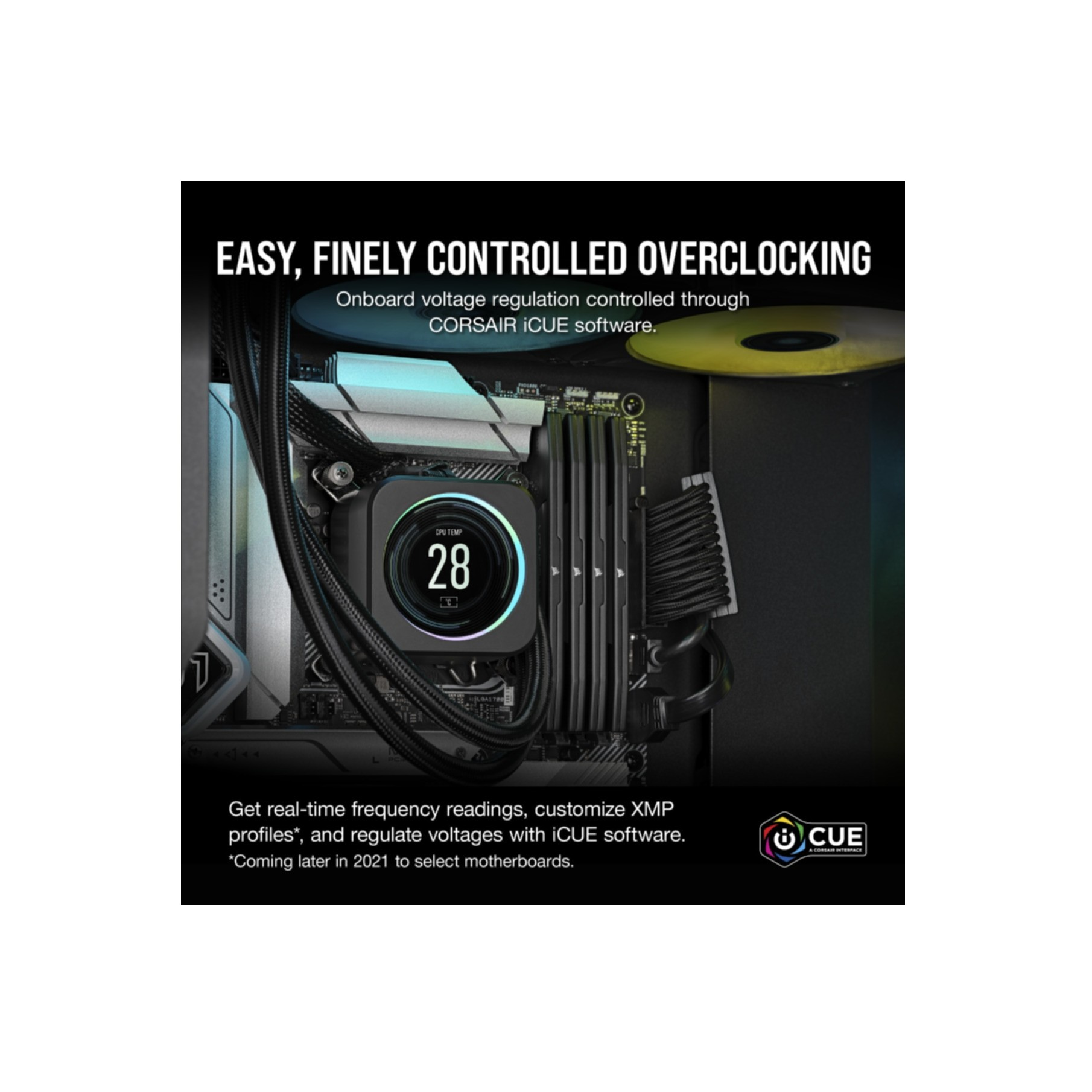 Komputer z chłodzeniem cieczą, oprogramowaniem Corsair iCUE i wyświetlaczem temperatury.