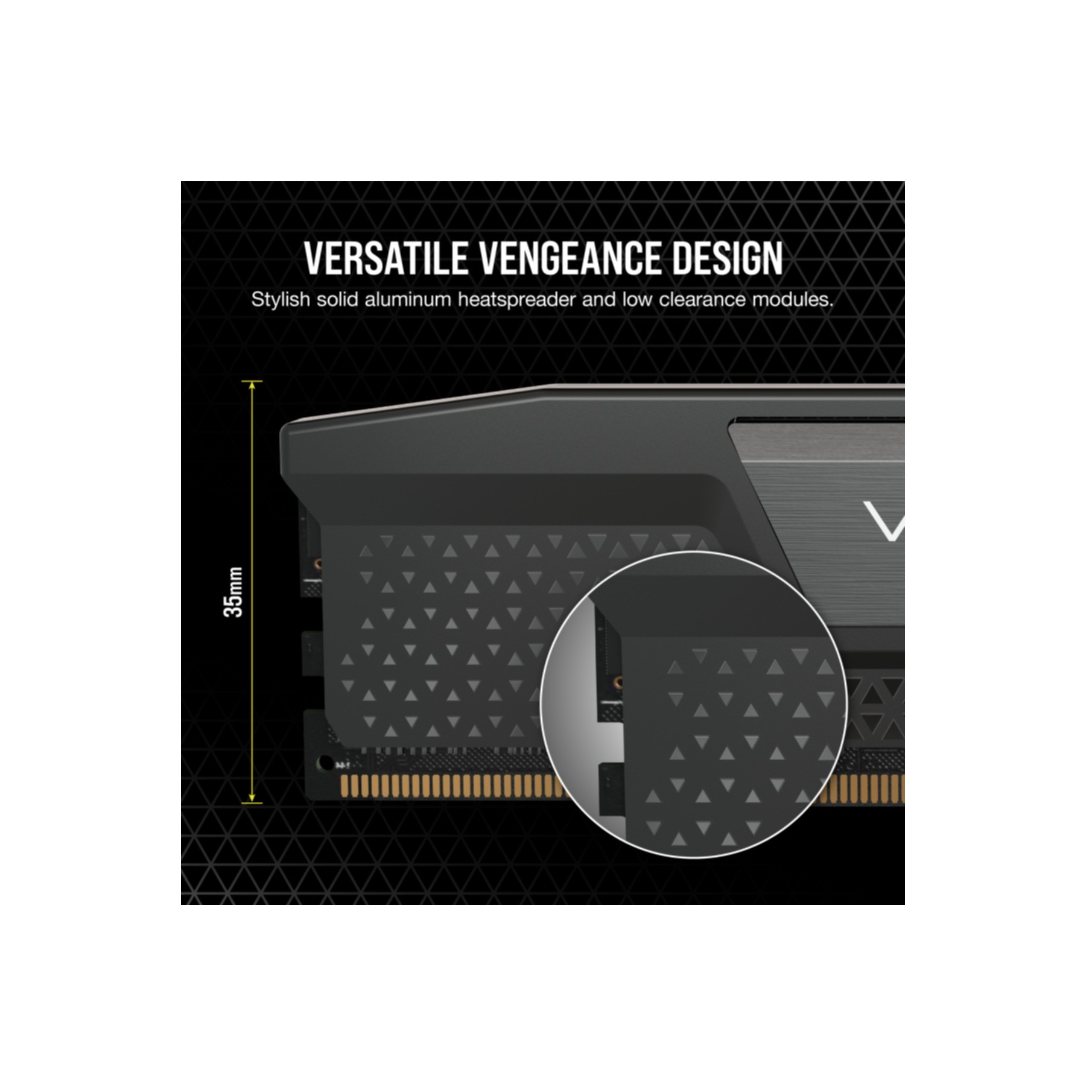 Moduł RAM z czarnym radiatorem. Tekst: VERSATILE VENGEANCE DESIGN.