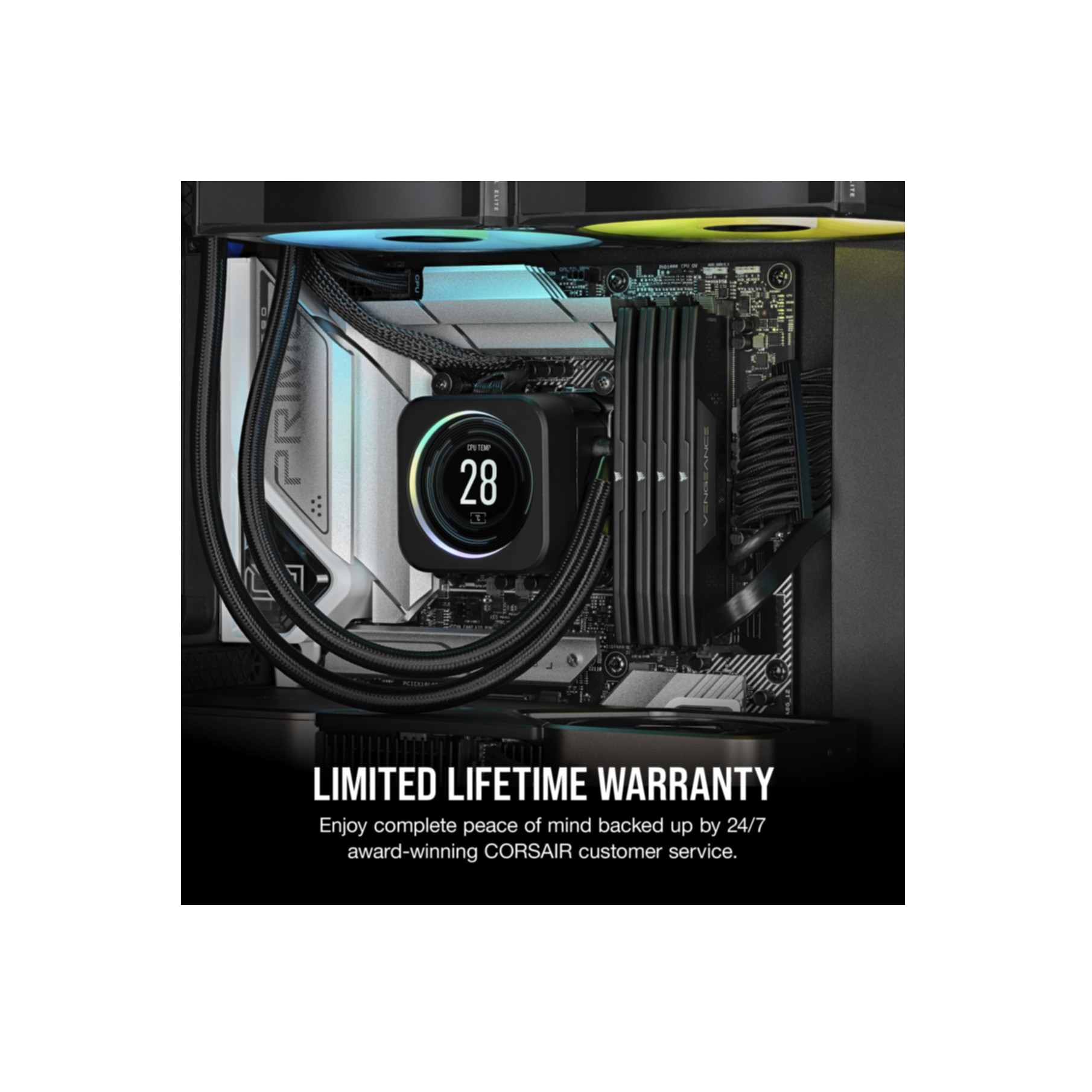 Komponenty PC w obudowie, z chłodzeniem cieczą i tekstem: gwarancja. Czarny i srebrny.