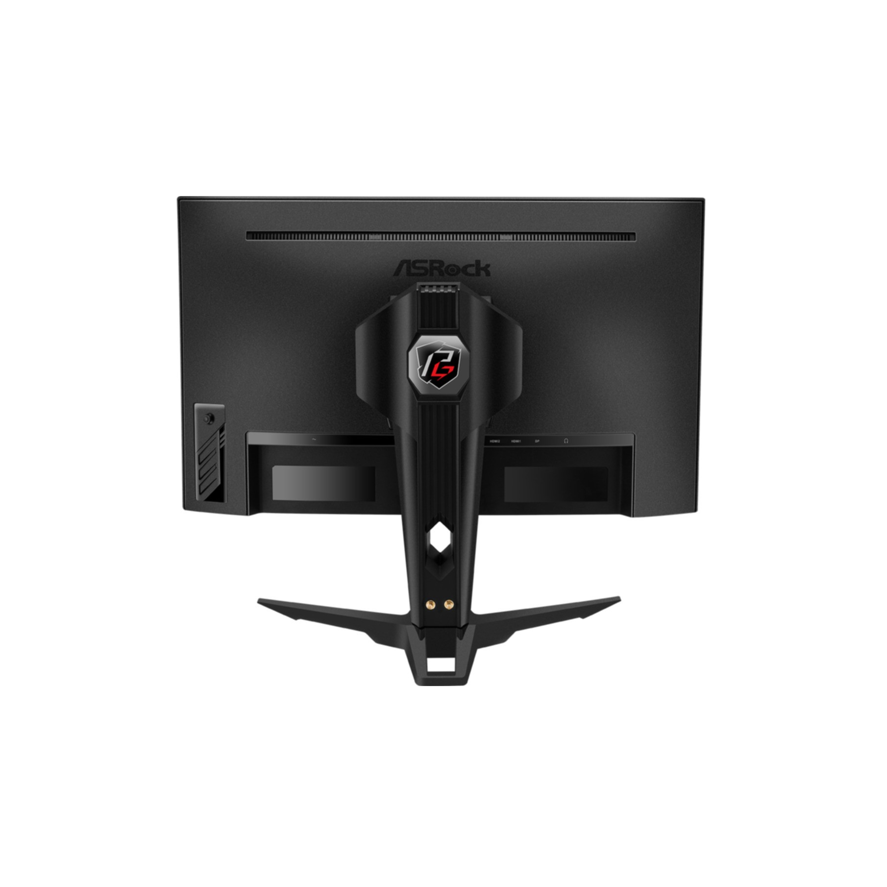 Tył czarnego monitora komputera. Ma podstawkę i widoczne są porty.