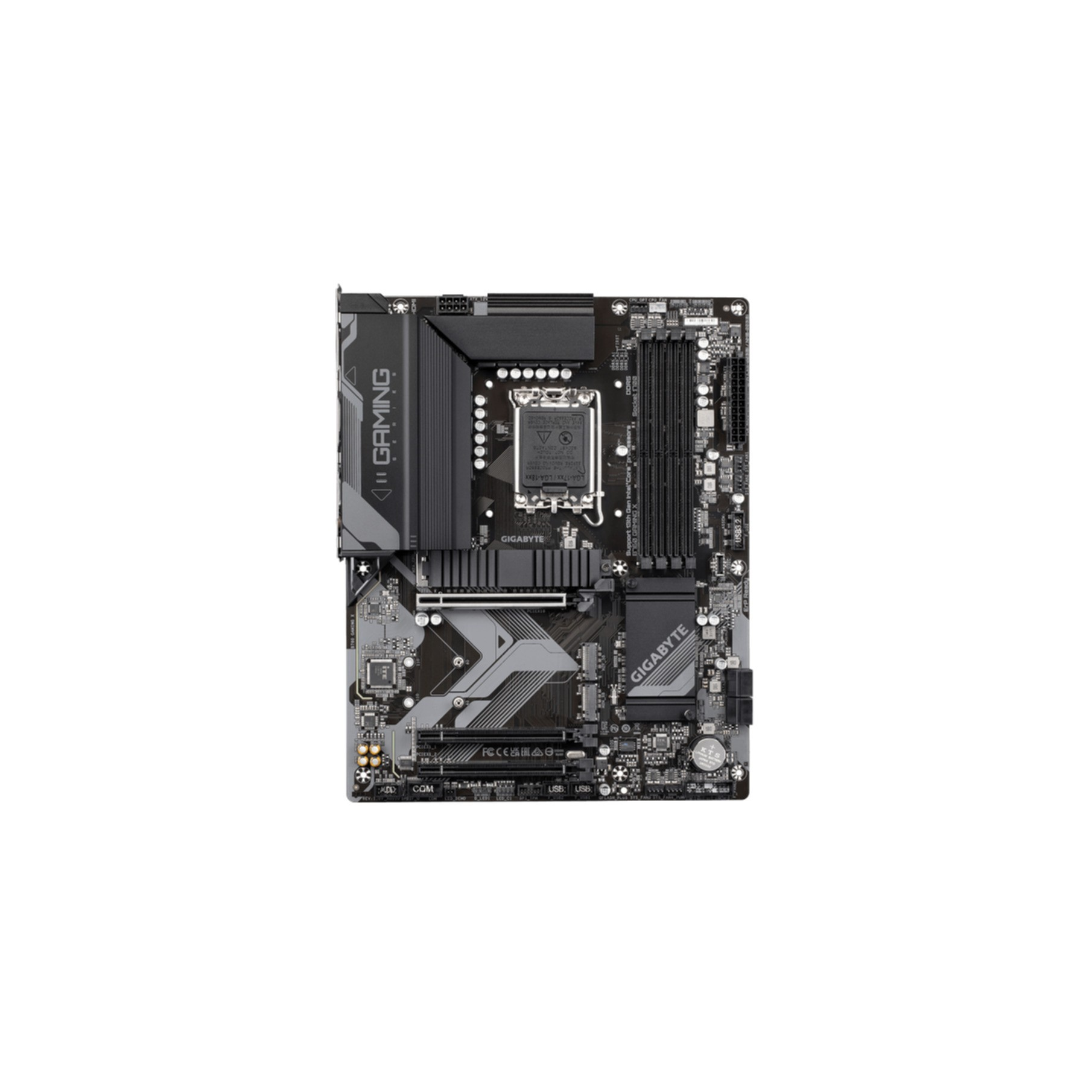 Ein Computer-Motherboard mit verschiedenen Komponenten und Anschlüssen, Draufsicht.