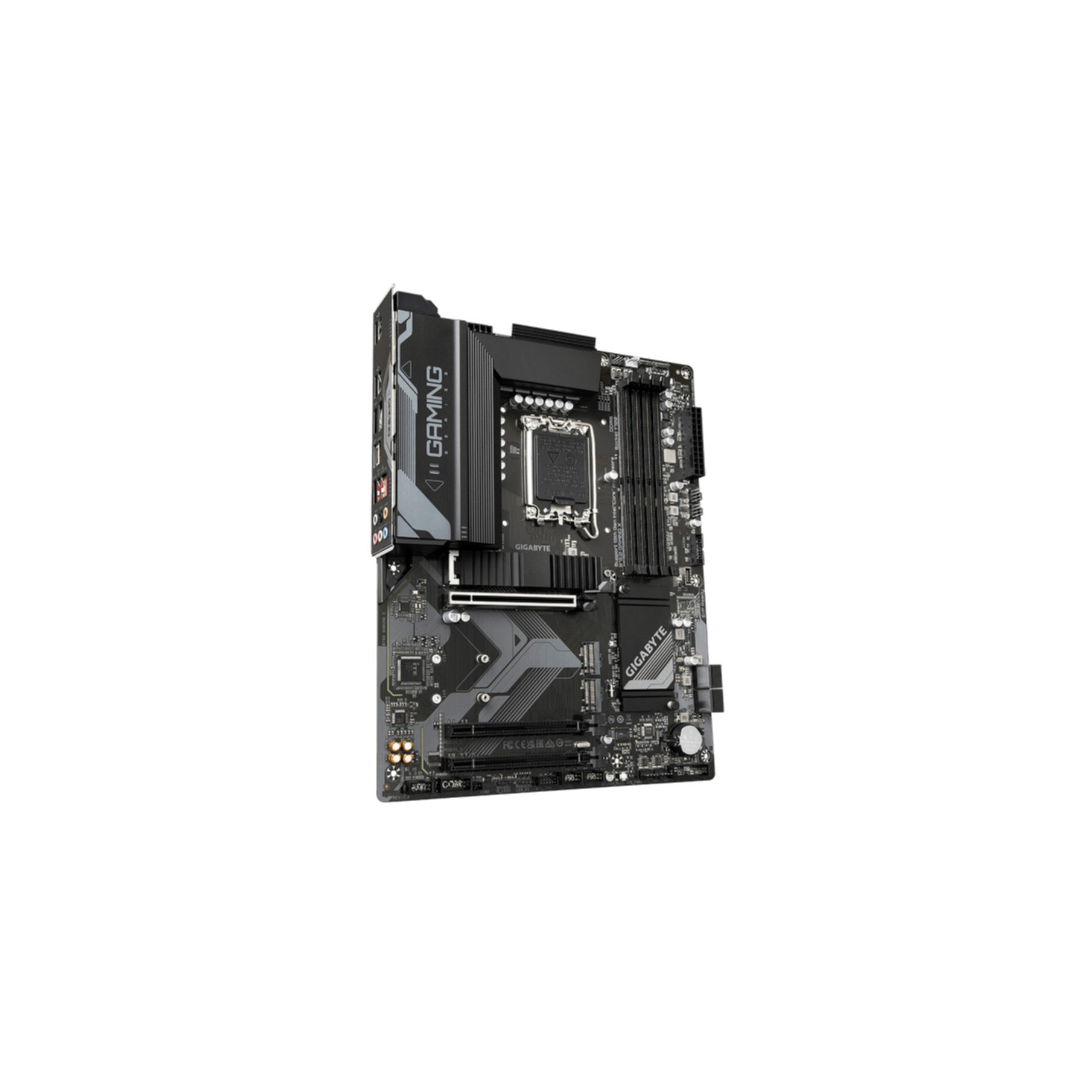 Computer-Motherboard mit Komponenten, grau und schwarz, GIGABYTE Gaming.