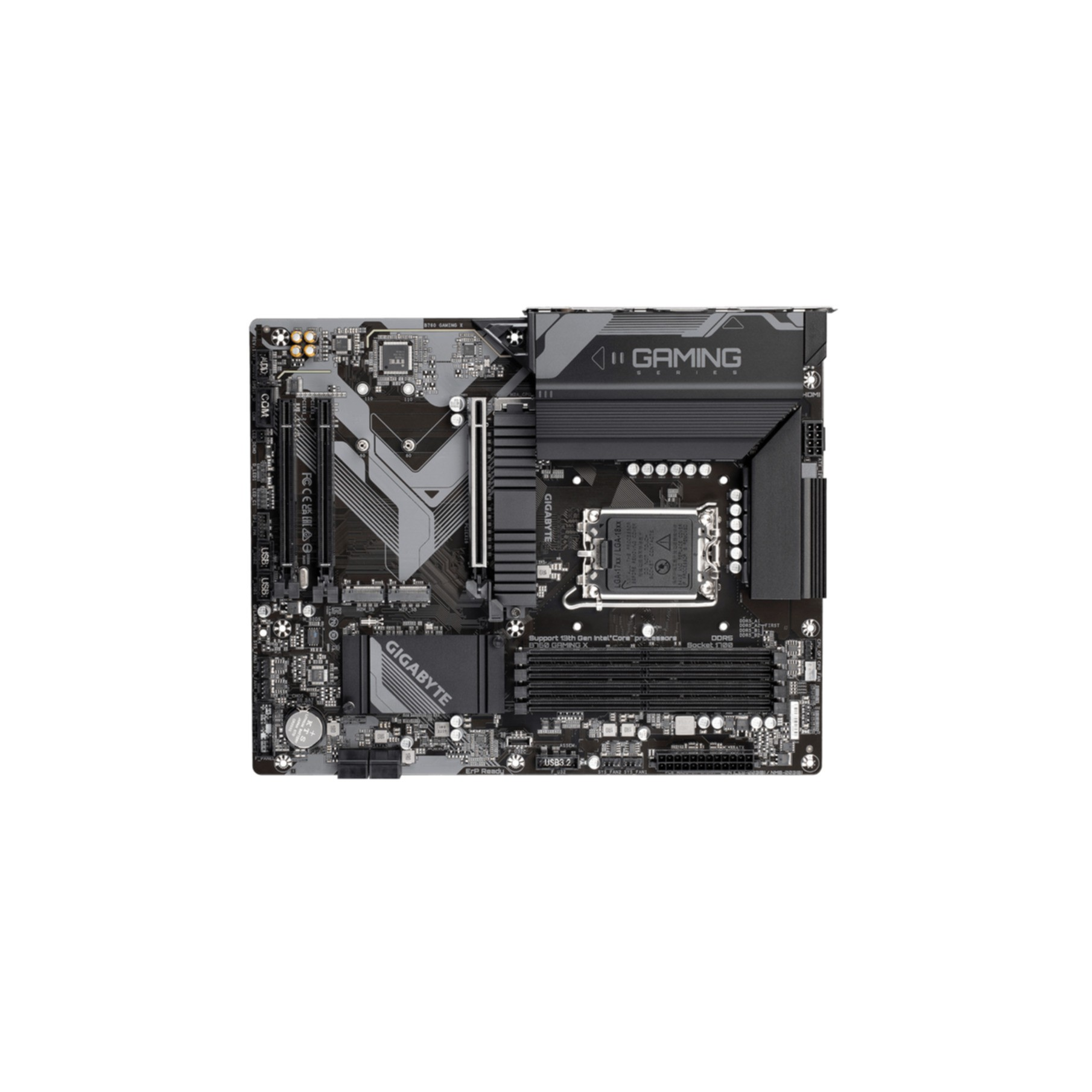 Ein graues Computer-Motherboard mit schwarzen und silbernen Komponenten.