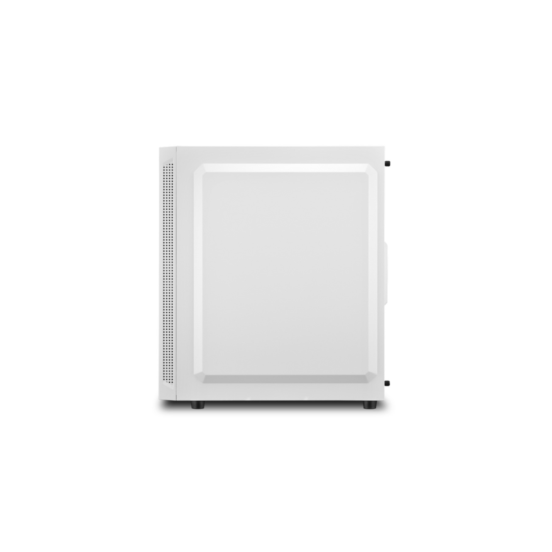 Biała obudowa komputera. Widok z boku z perforowanym panelem wentylacyjnym i przezroczystym panelem bocznym.
