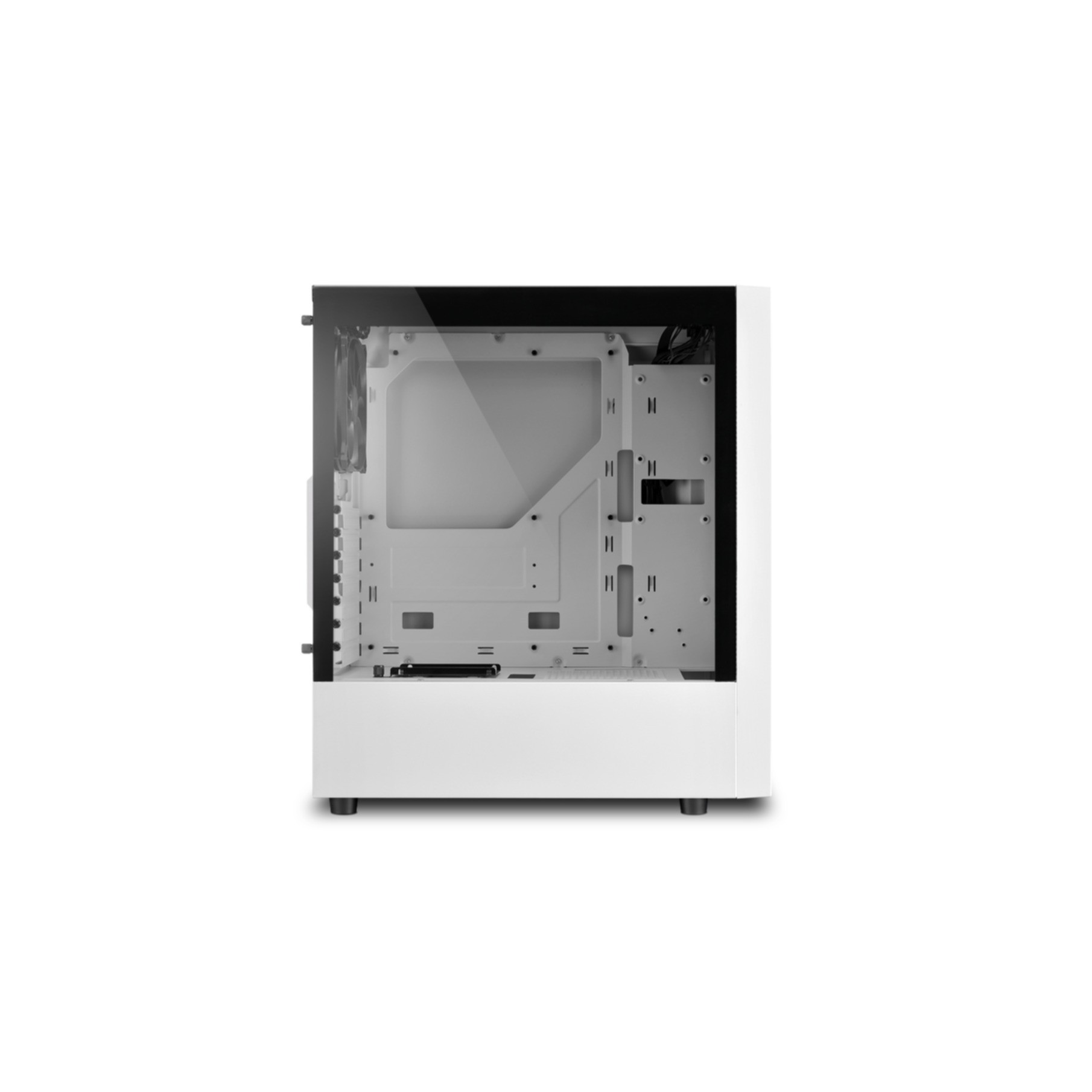 Biała obudowa komputera z przezroczystym panelem bocznym, pokazująca wnętrze. Białe tło.