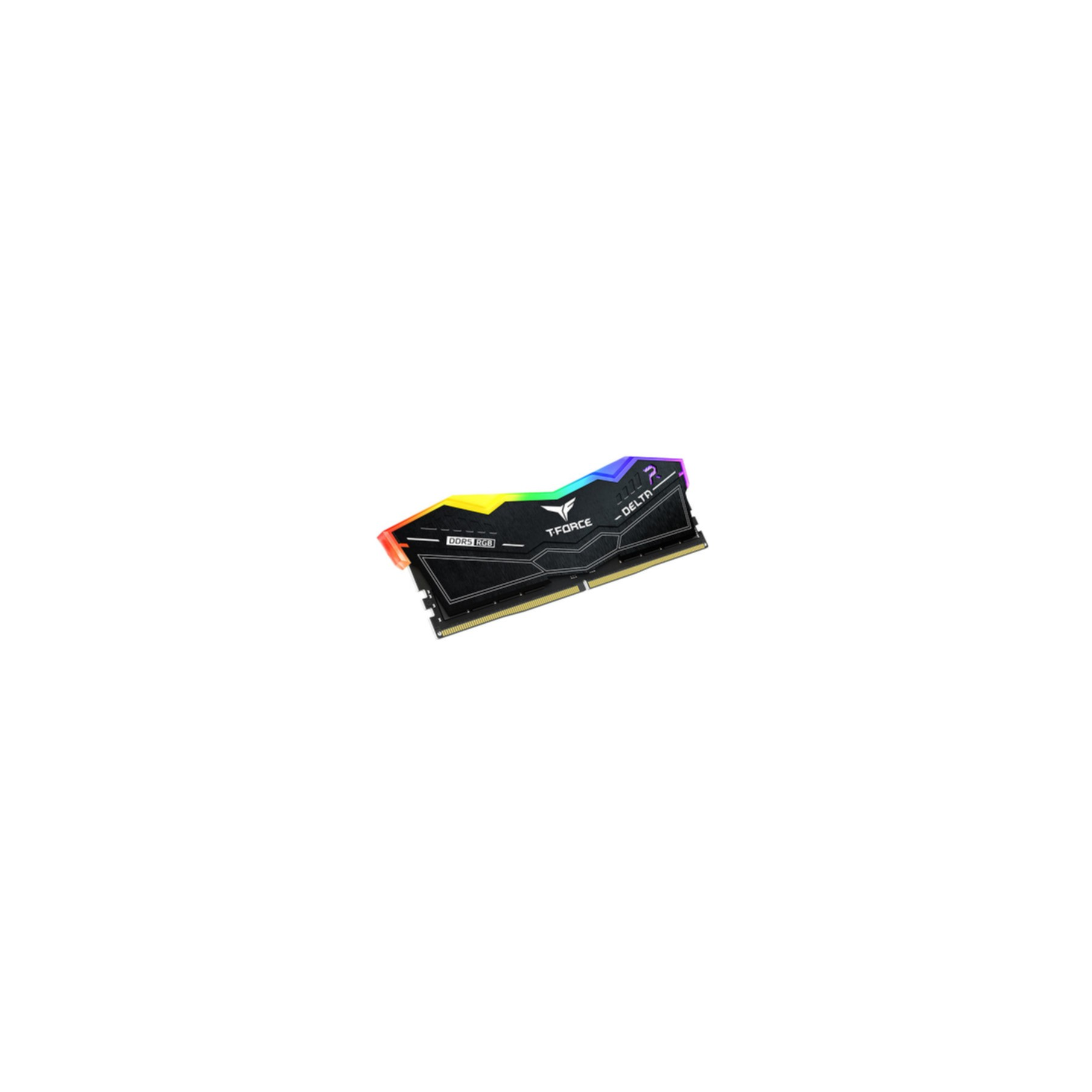Un singolo modulo RAM con illuminazione RGB colorata, su sfondo bianco.