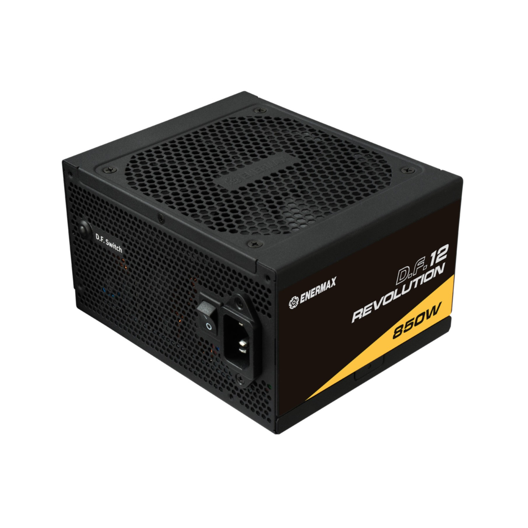 Czarny zasilacz z wentylatorem, żółtą i czarną etykietą. Ma przełącznik zasilania.