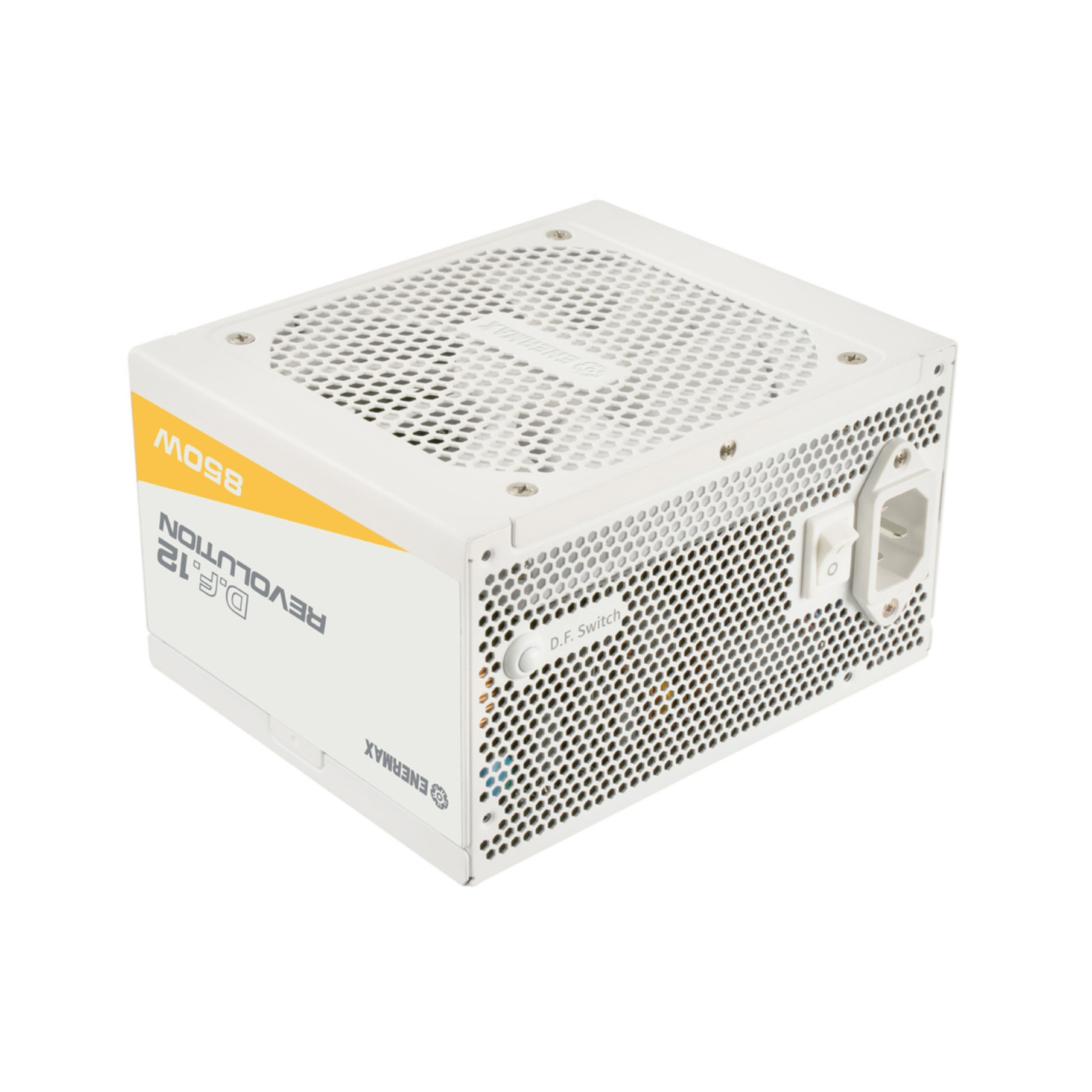 Biały zasilacz z żółtą etykietą na białym tle, widok pod kątem.