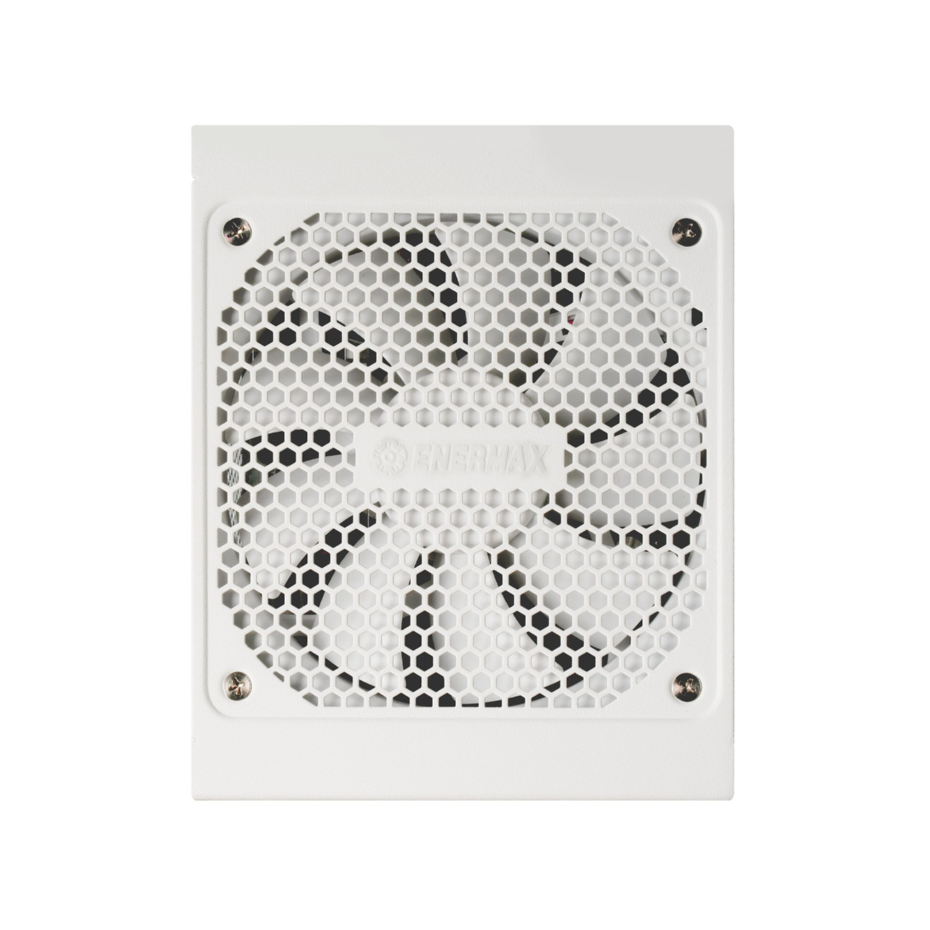 Biały zasilacz z kratką wentylatora. Sześciokątny wzór. Białe tło.