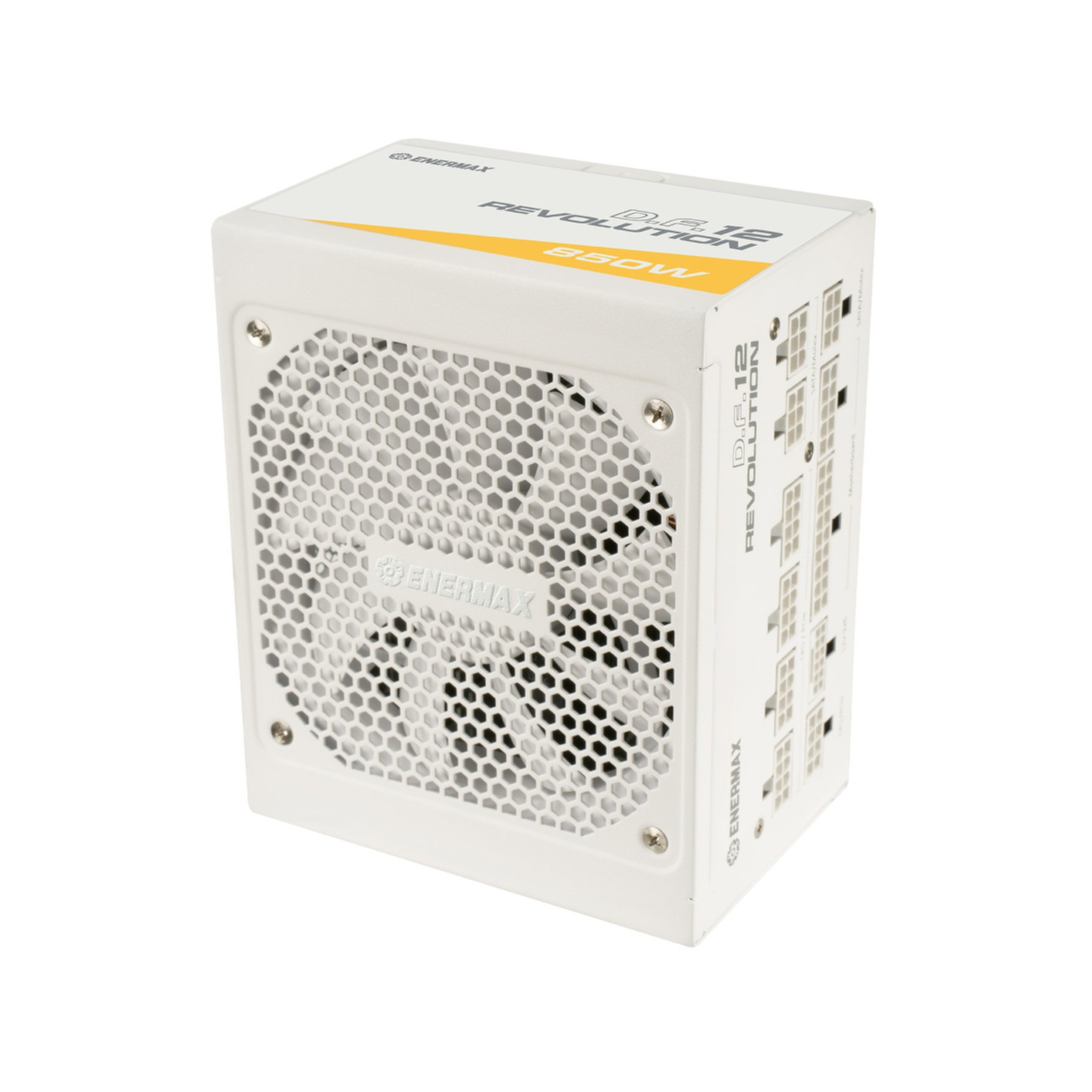 Biały i szary zasilacz z wentylatorem i etykietą serii Enermax Revolution D.F. 12.