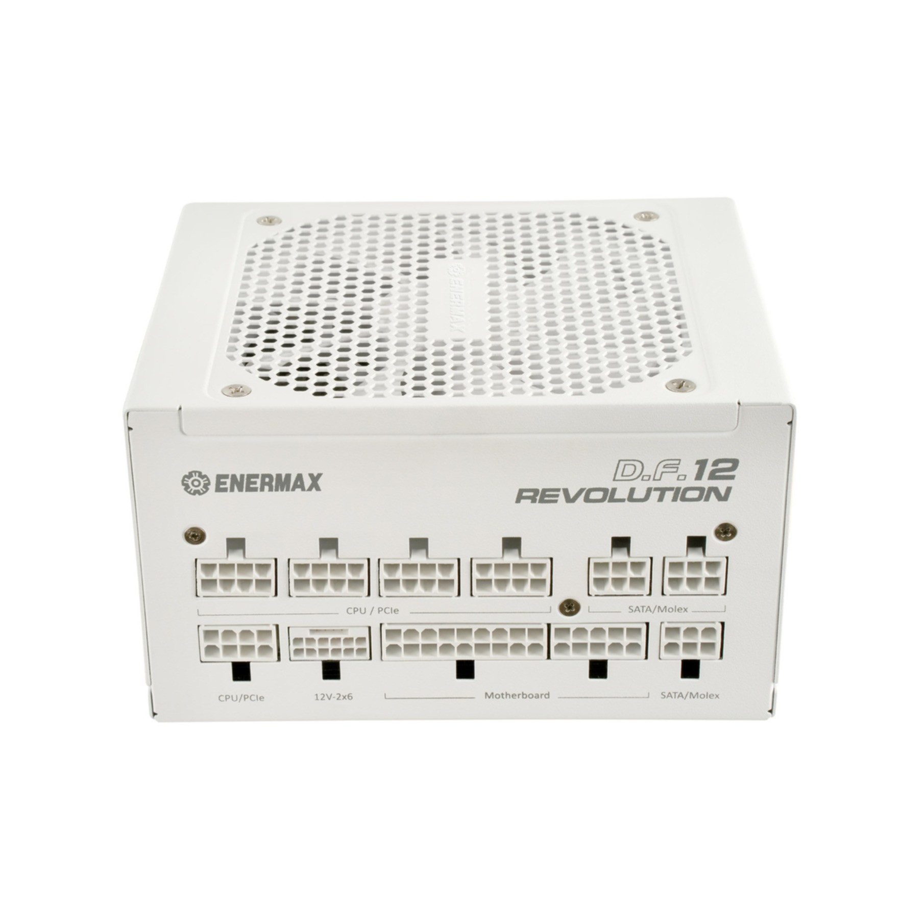 Biały zasilacz z wieloma portami, wentylatorem i tekstem „D.F.12 REVOLUTION”.