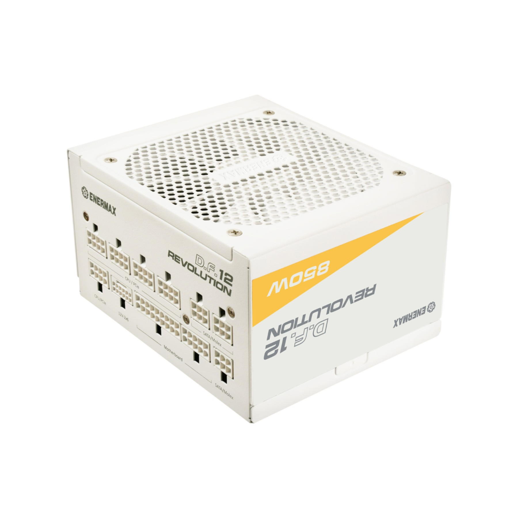 Biały zasilacz z żółtym akcentem, oznaczony jako 'REVOLUTION D.F.12'.