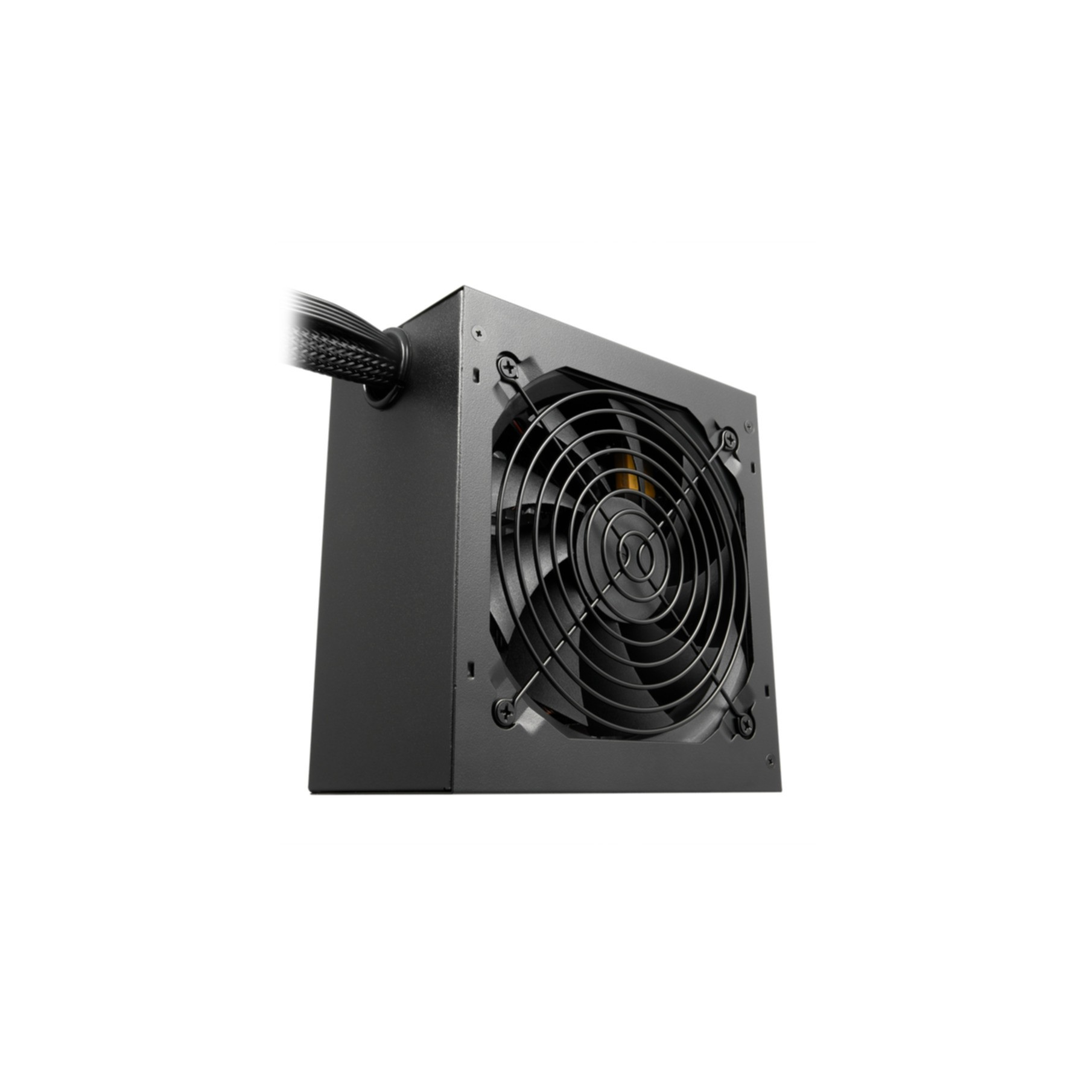 Una fuente de alimentación negra con un ventilador visible a través de una rejilla protectora.