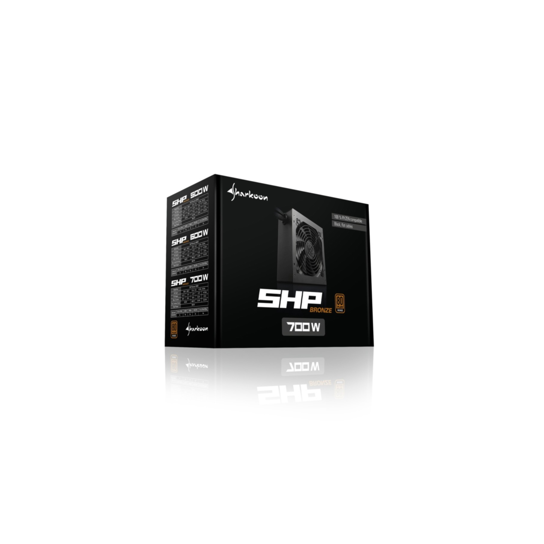 Una caja de fuente de alimentación Sharkoon SHP 700W negra y gris, con texto e imagen.