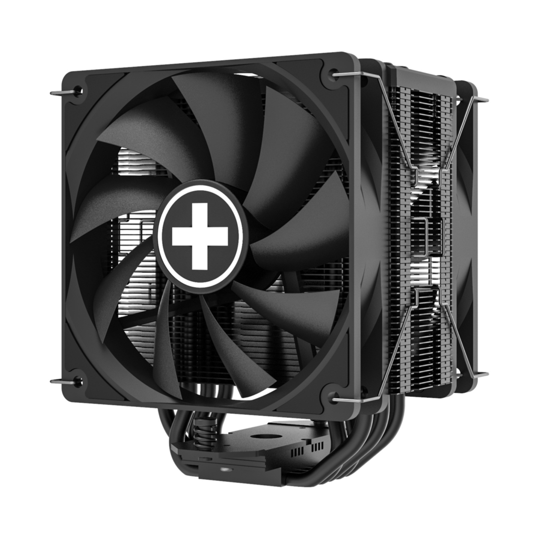 Czarny cooler CPU z białym logo krzyża i czarnymi łopatkami wentylatora.