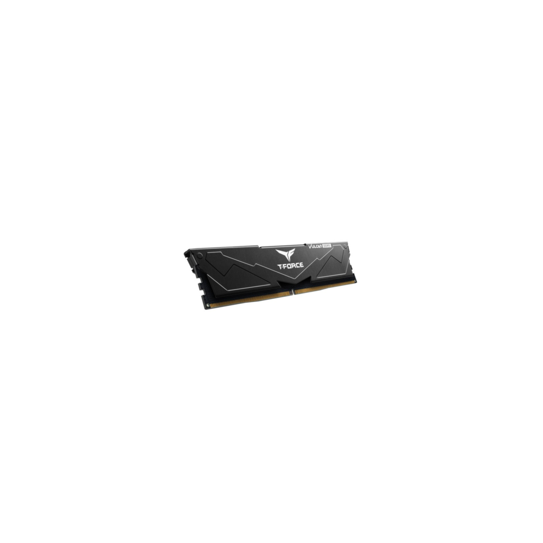 Een zwarte T-Force Vulcan DDR5 RAM-module op een witte achtergrond, schuin naar links.
