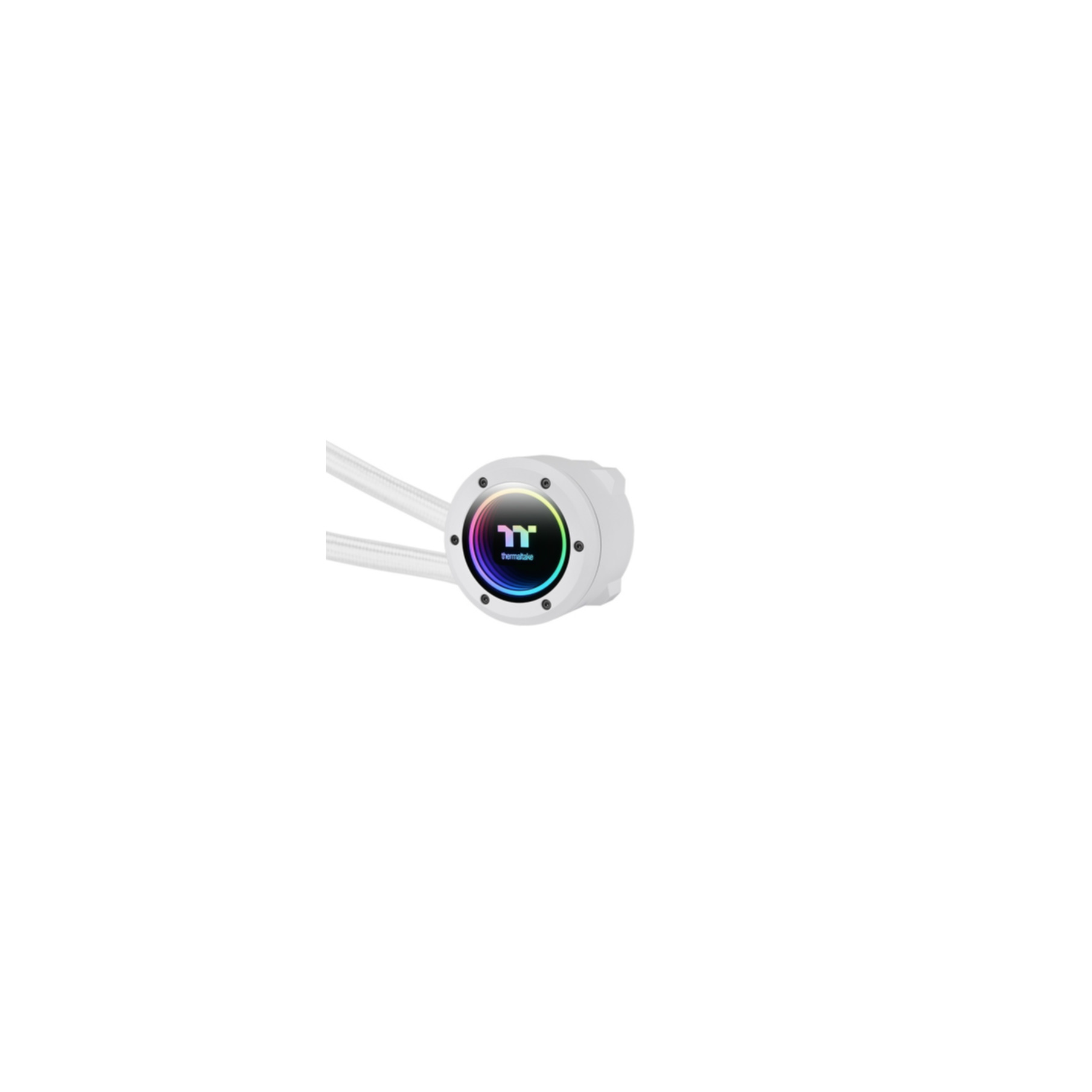 Ein weiß-schwarzer Thermaltake CPU-Kühler mit einem kreisförmigen, RGB-beleuchteten Zentrum und zwei weißen Schläuchen.