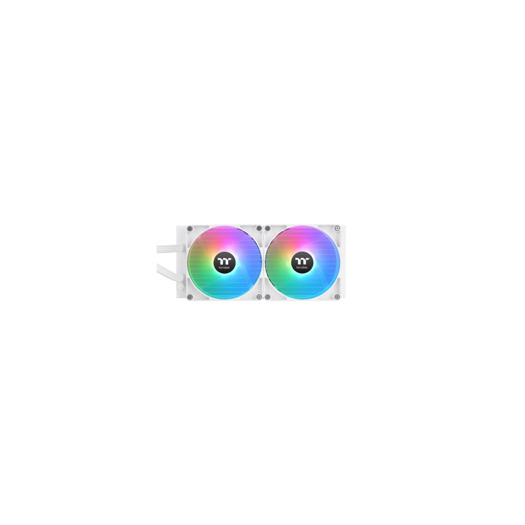 Zwei Lüfter mit Regenbogenlichtern, weißer Rahmen, zur Kühlung von Computern.