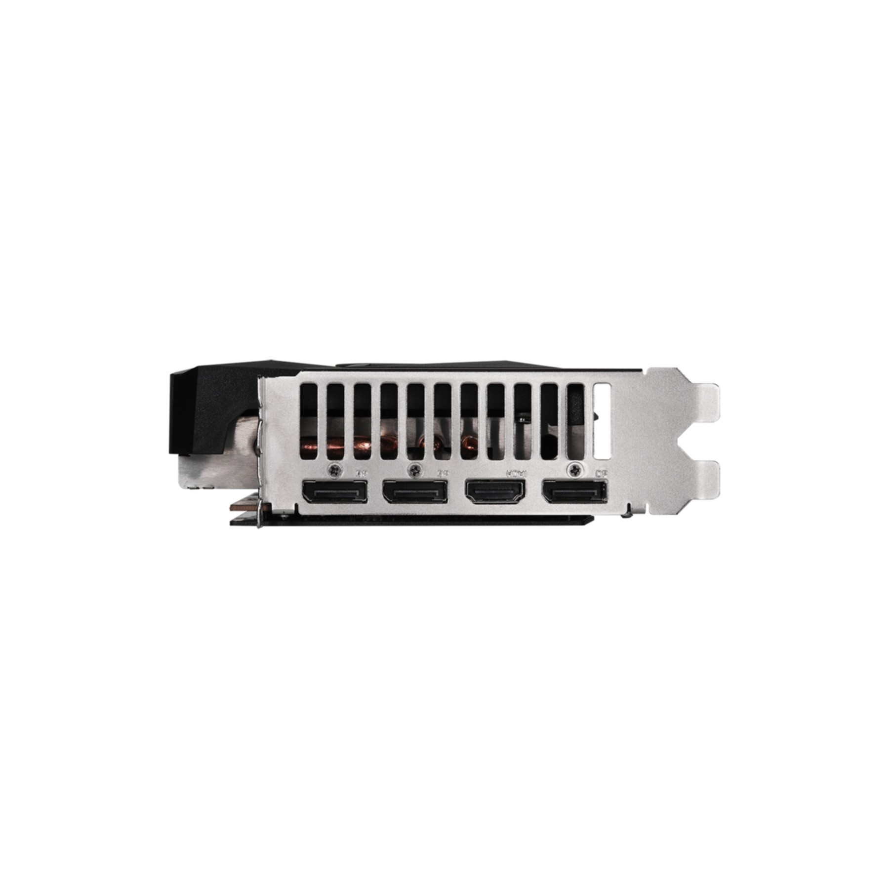 Grafikkartenanschlüsse. Mehrere HDMI- und DisplayPort-Anschlüsse. Silber und Schwarz mit Lüfterrippen.
