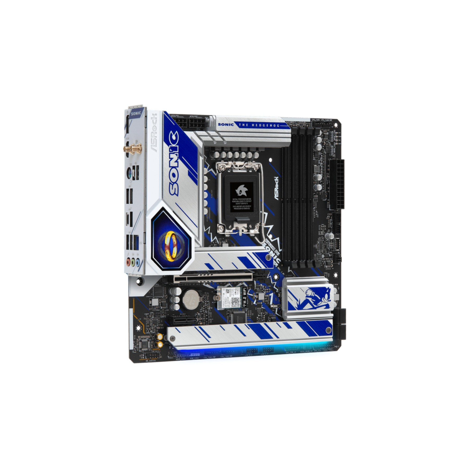 Una scheda madre per computer a tema Sonic the Hedgehog con accenti blu e bianchi.