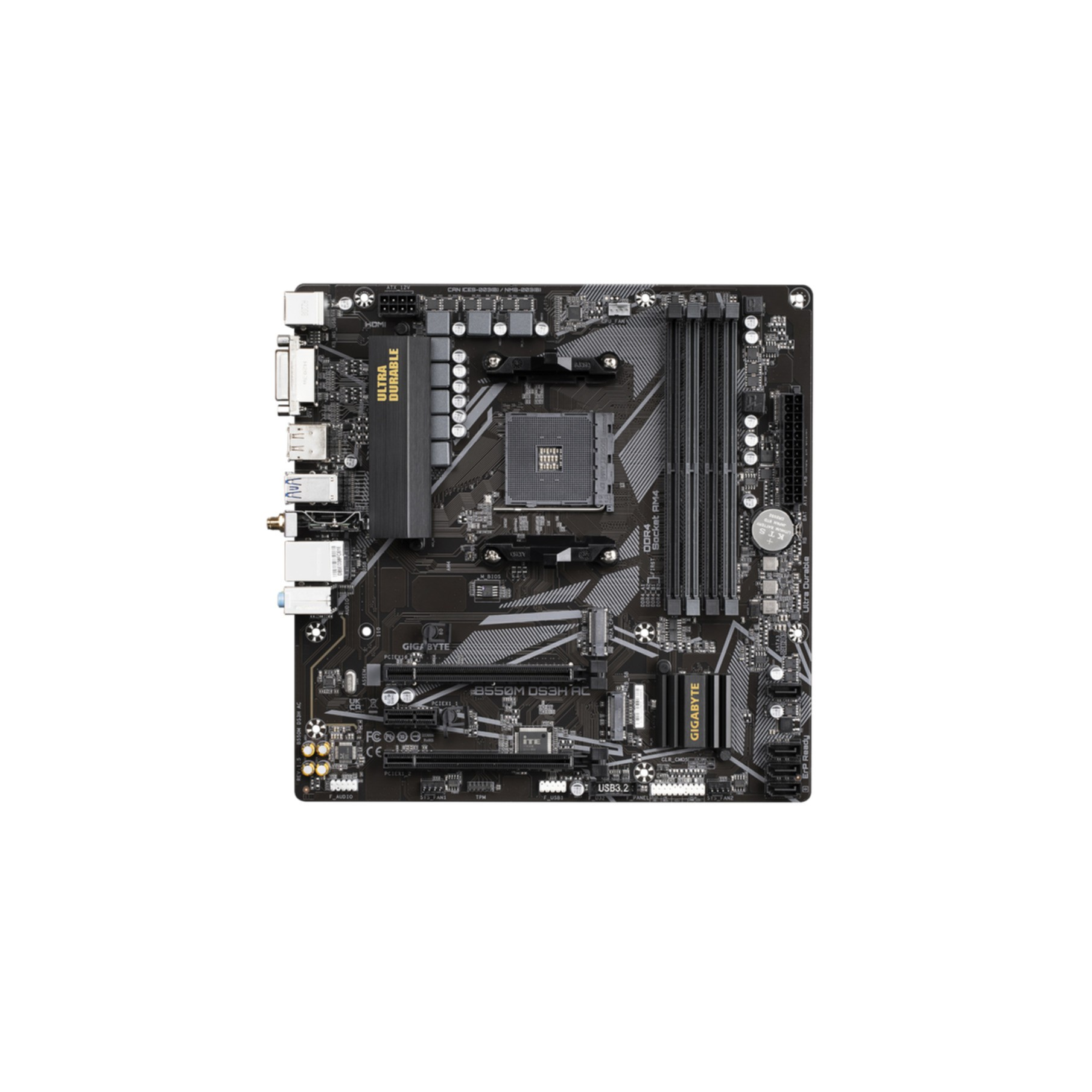 Czarna płyta główna na białym tle. Posiada różne porty, gniazda i gniazdo procesora.