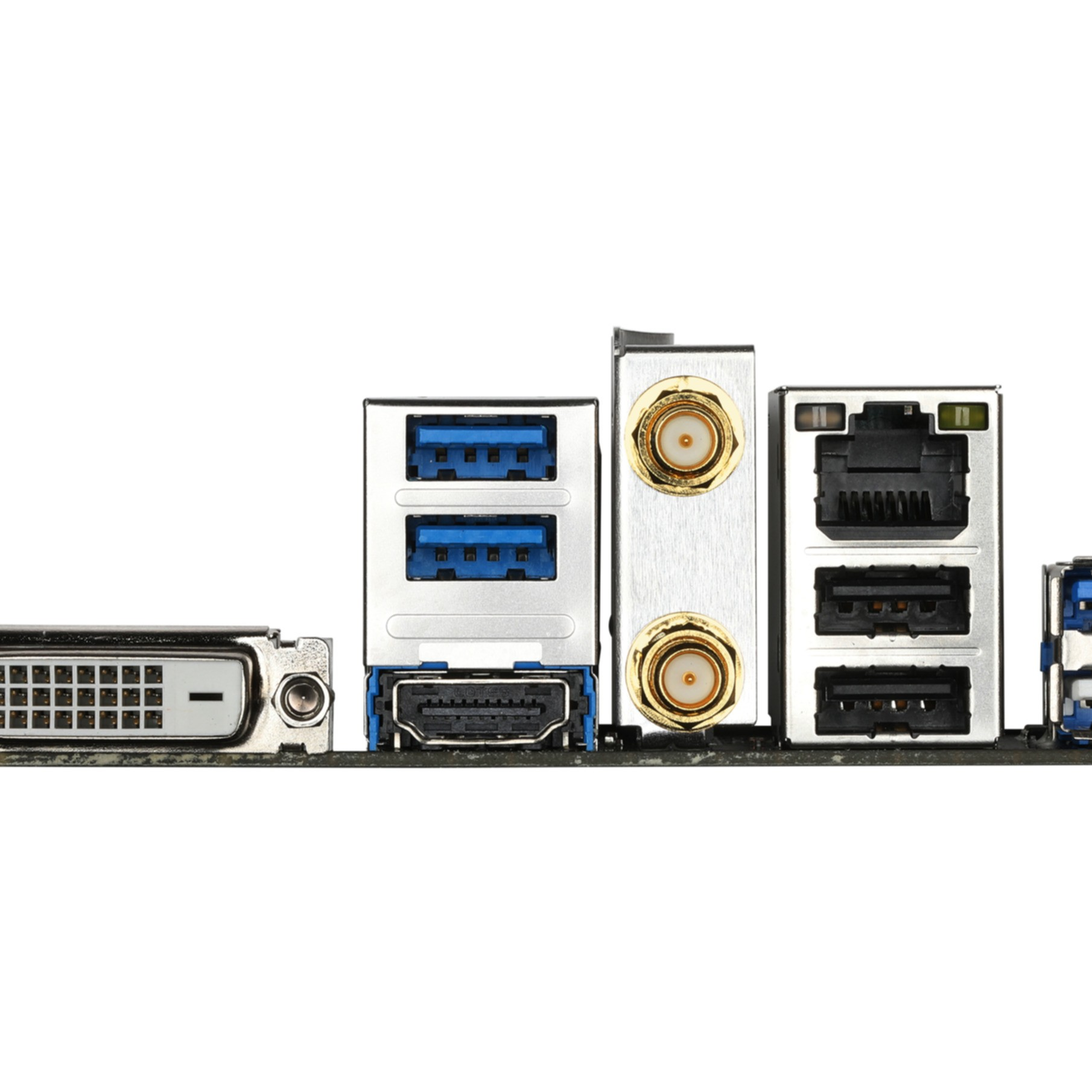 Zbliżenie panelu komponentów komputera z różnymi portami, w tym USB i HDMI, na białym tle.