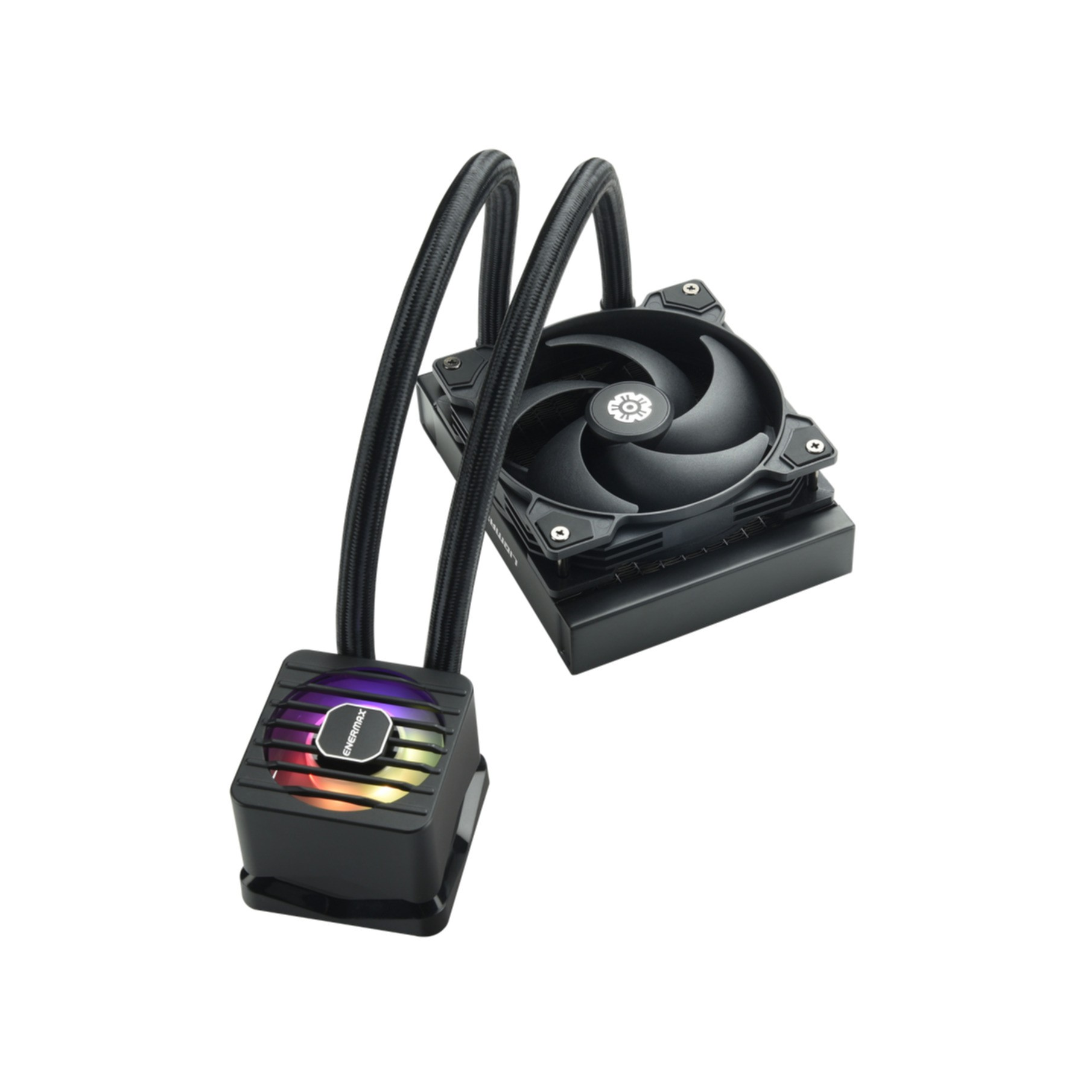 Dissipatore a liquido nero con radiatore, due tubi e blocco CPU con RGB.