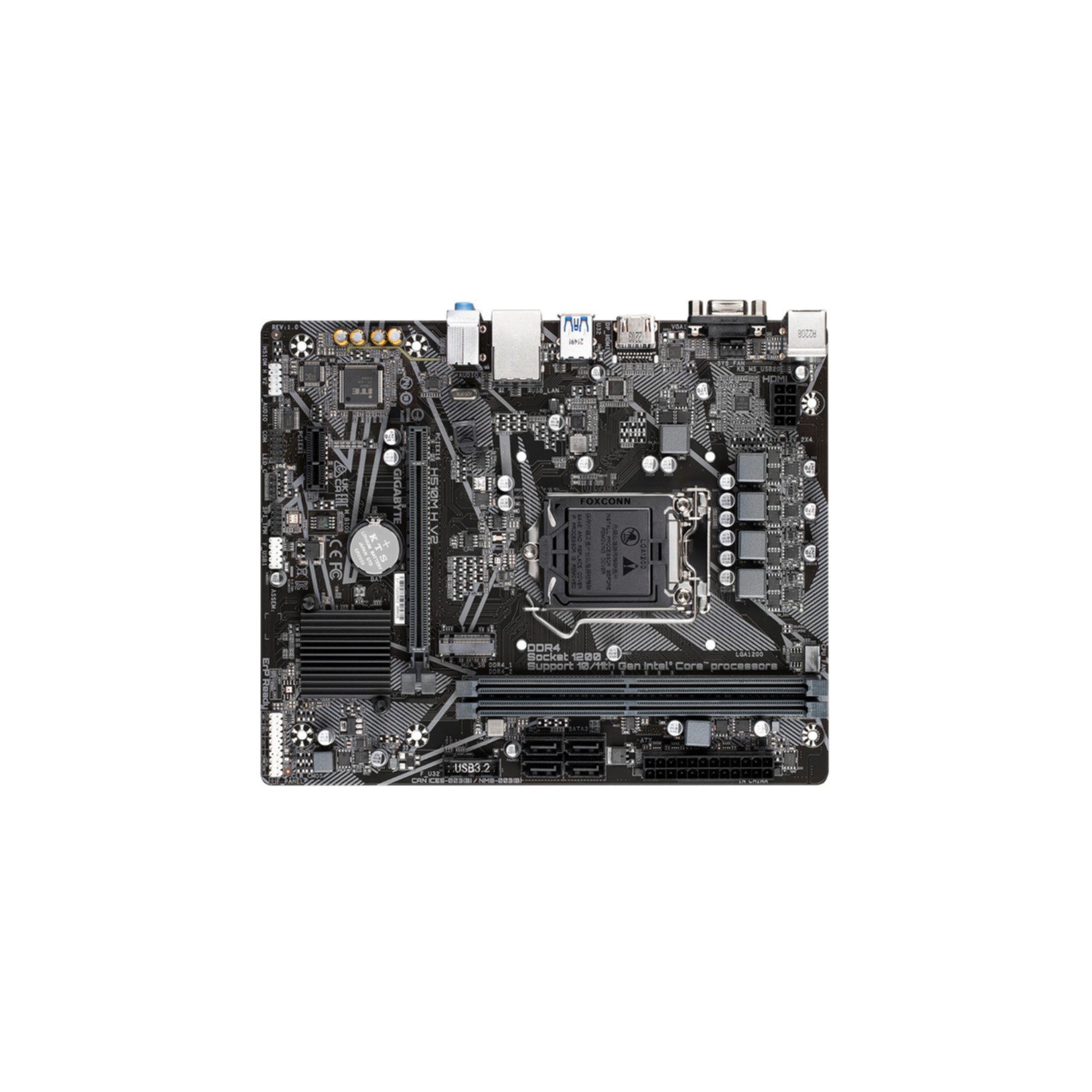 Scheda madre nera con vari componenti. Molte porte, slot e un socket CPU.