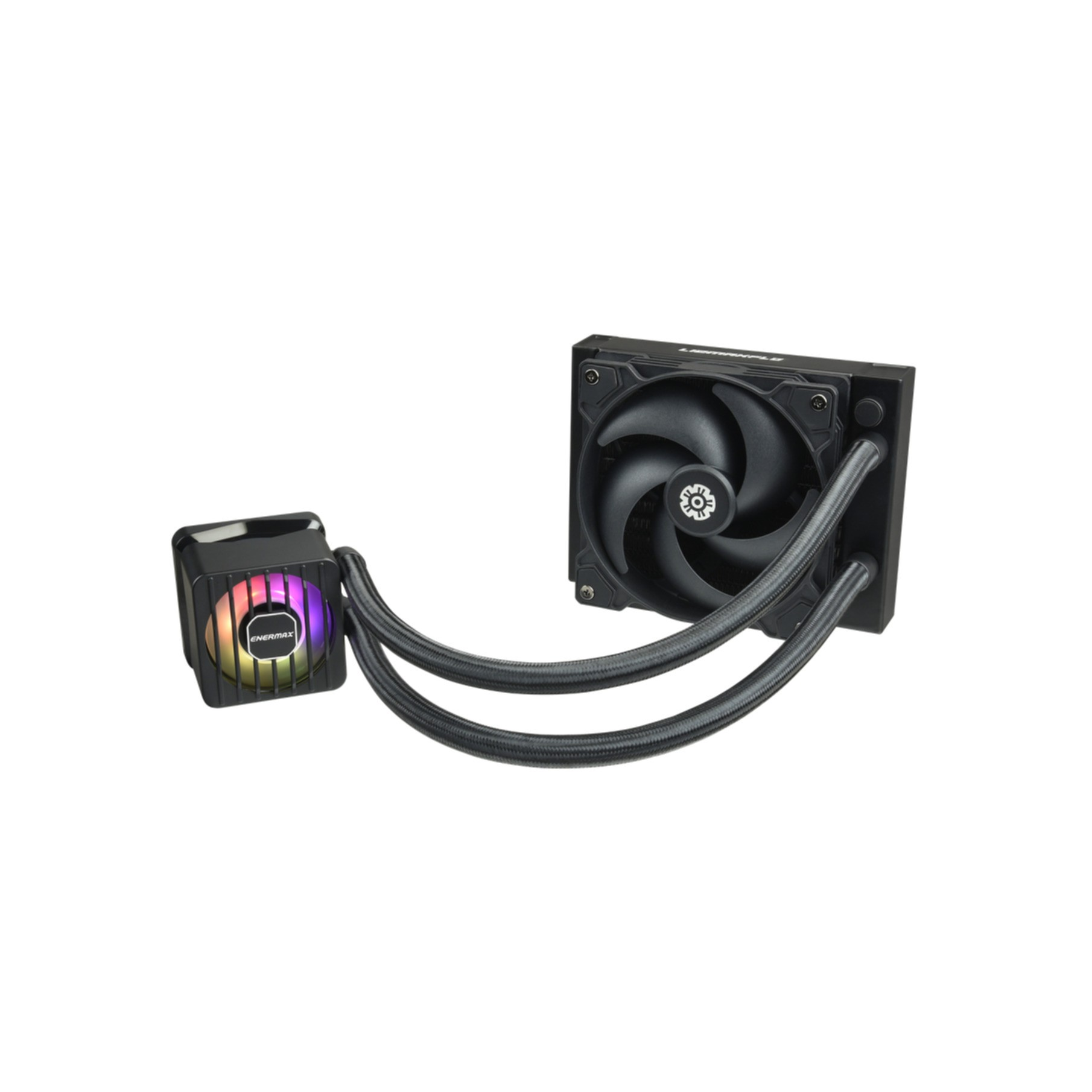 Un dissipatore a liquido nero con un blocco RGB colorato e ventola.