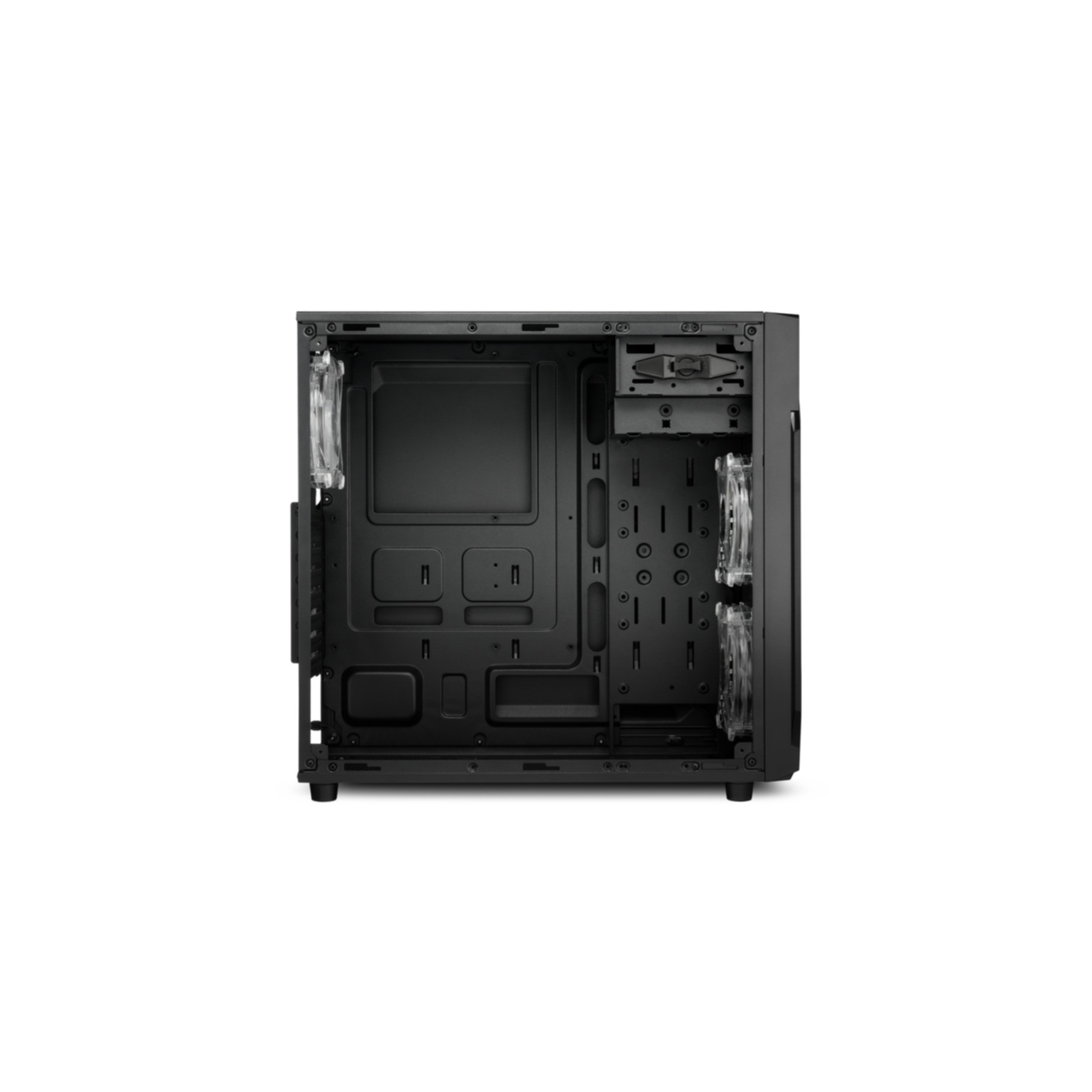 Schwarzes Computergehäuse-Interieur mit Platz für Komponenten.